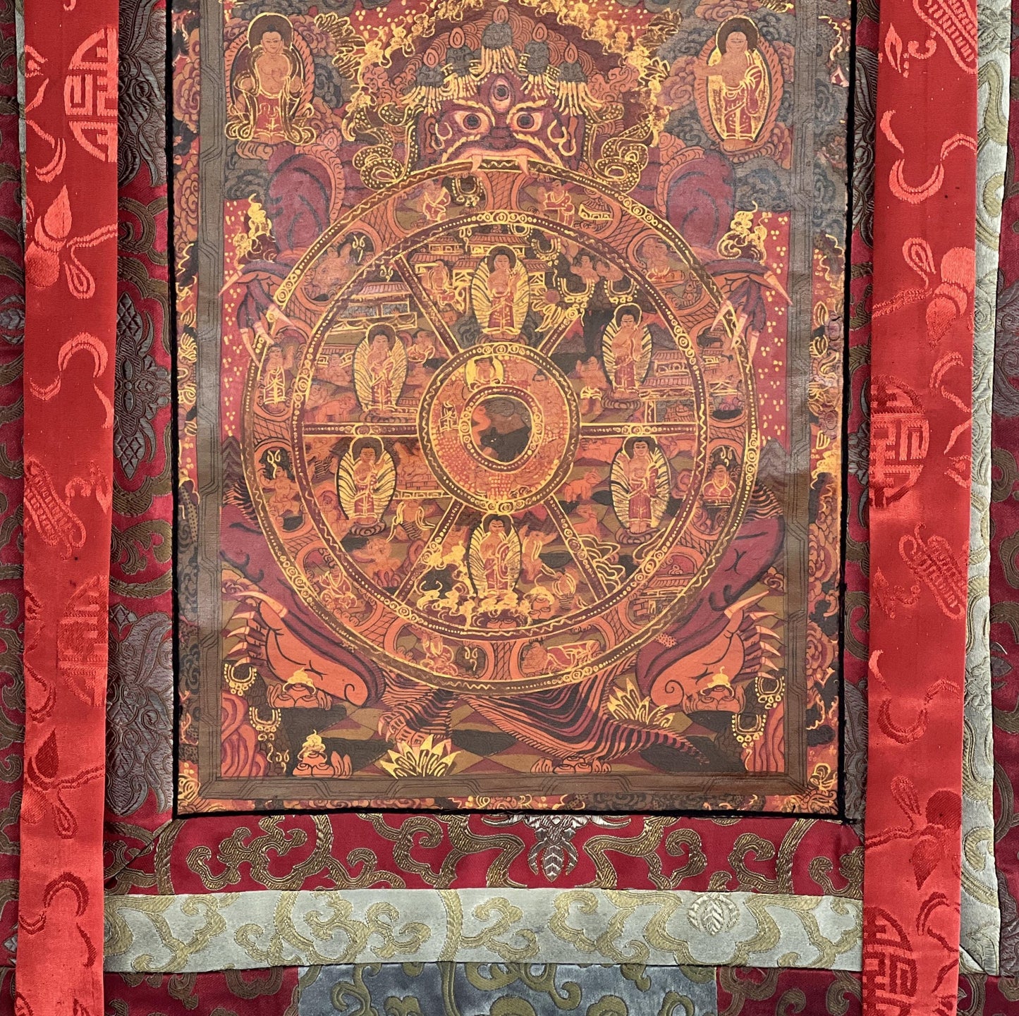 Hand-Painted Wheel of Life Thangka: Mandala Painting with Silk Brocade