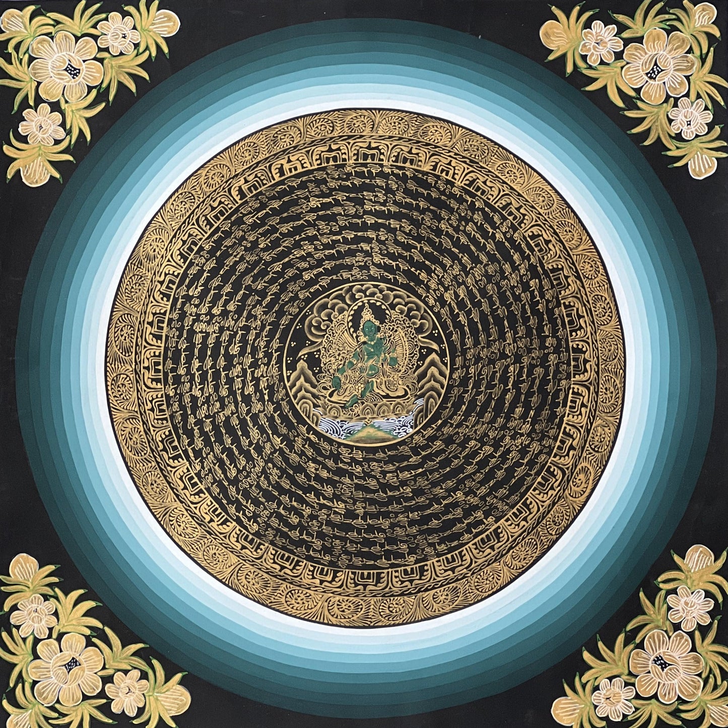 Tibetan Green Tara Thangka Painting | OM Mantra Mandala Art
