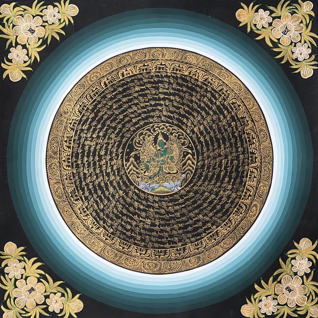Tibetan Green Tara Thangka Painting | OM Mantra Mandala Art