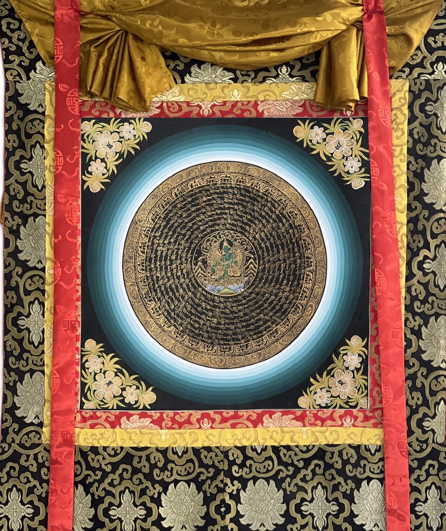 Tibetan Green Tara Thangka Painting | OM Mantra Mandala Art