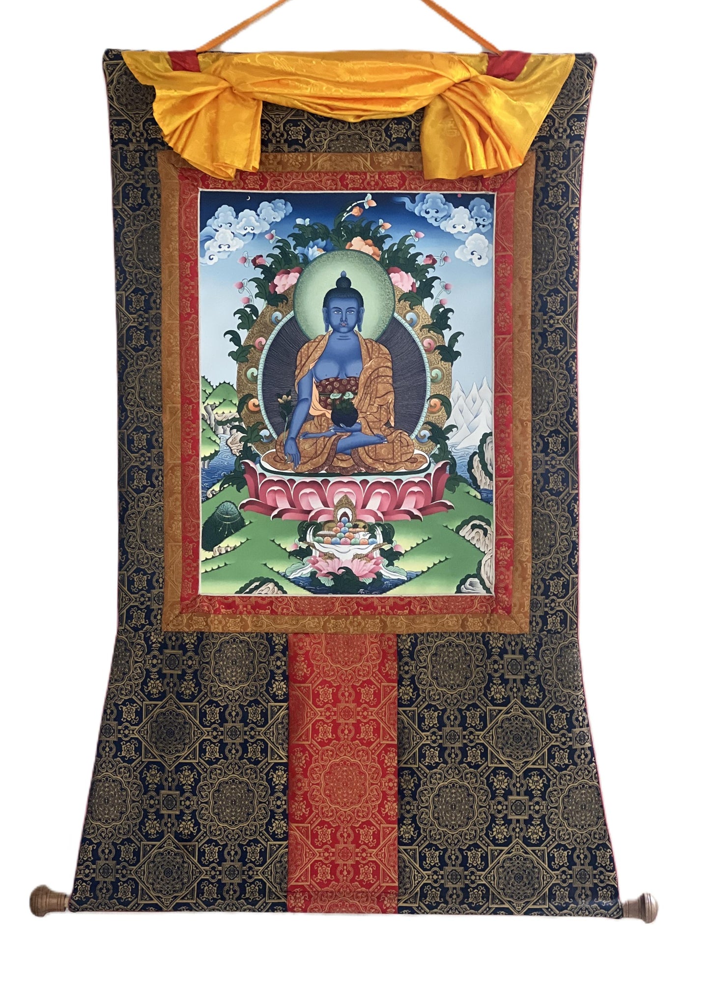 Medicine Buddha Thangka Giclée Print – Tibetan Art with Silk Brocade