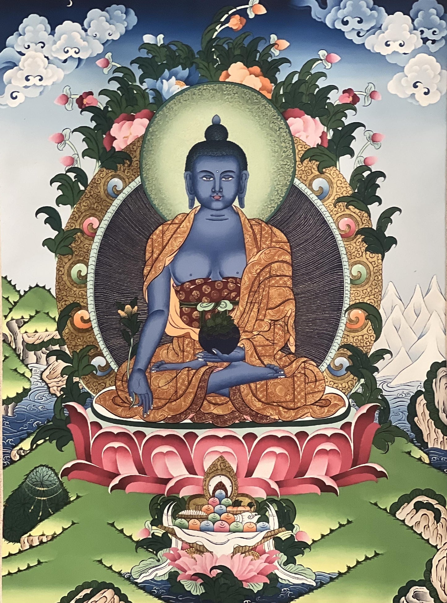 Medicine Buddha Thangka Giclée Print – Tibetan Art with Silk Brocade