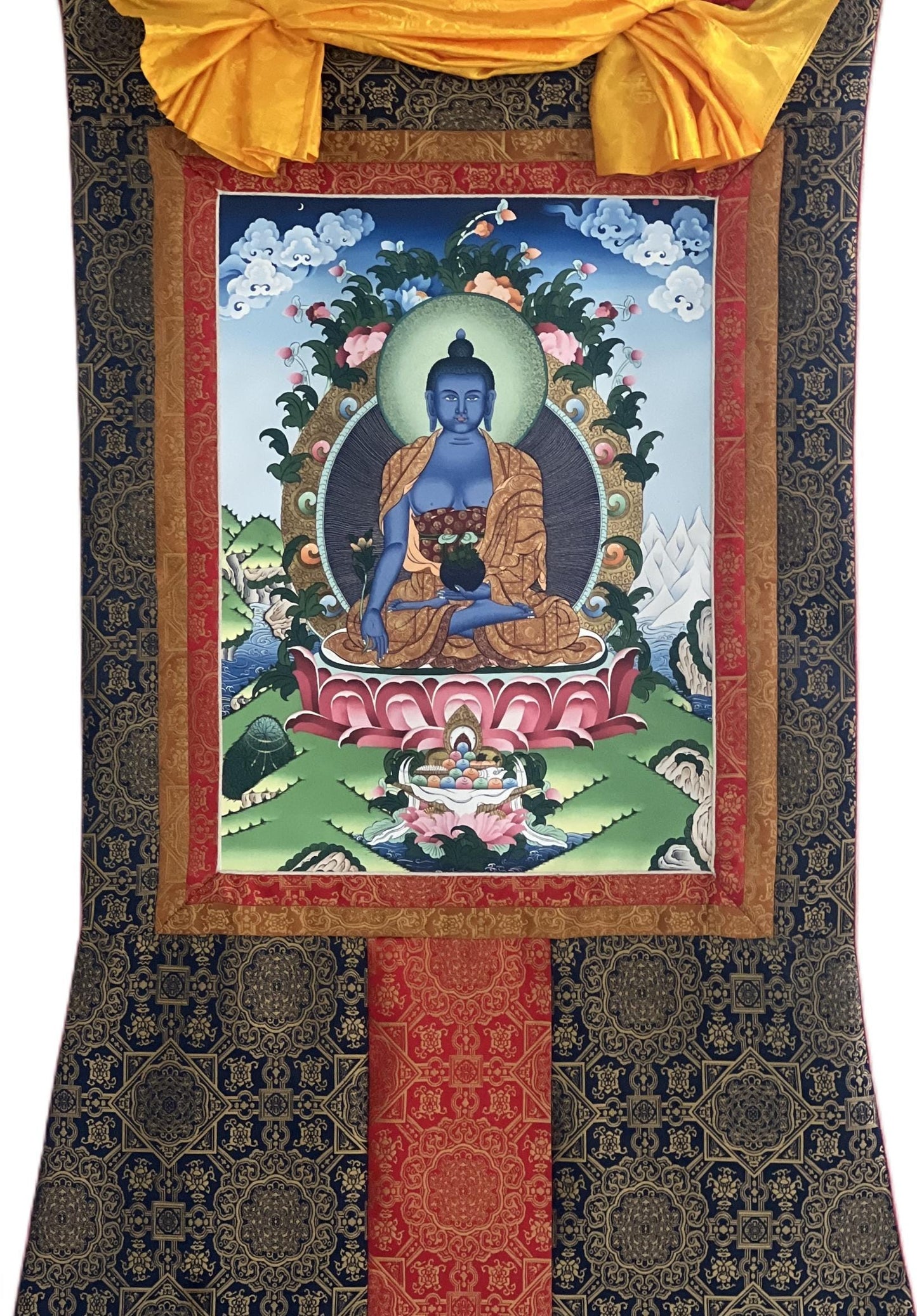Medicine Buddha Thangka Giclée Print – Tibetan Art with Silk Brocade