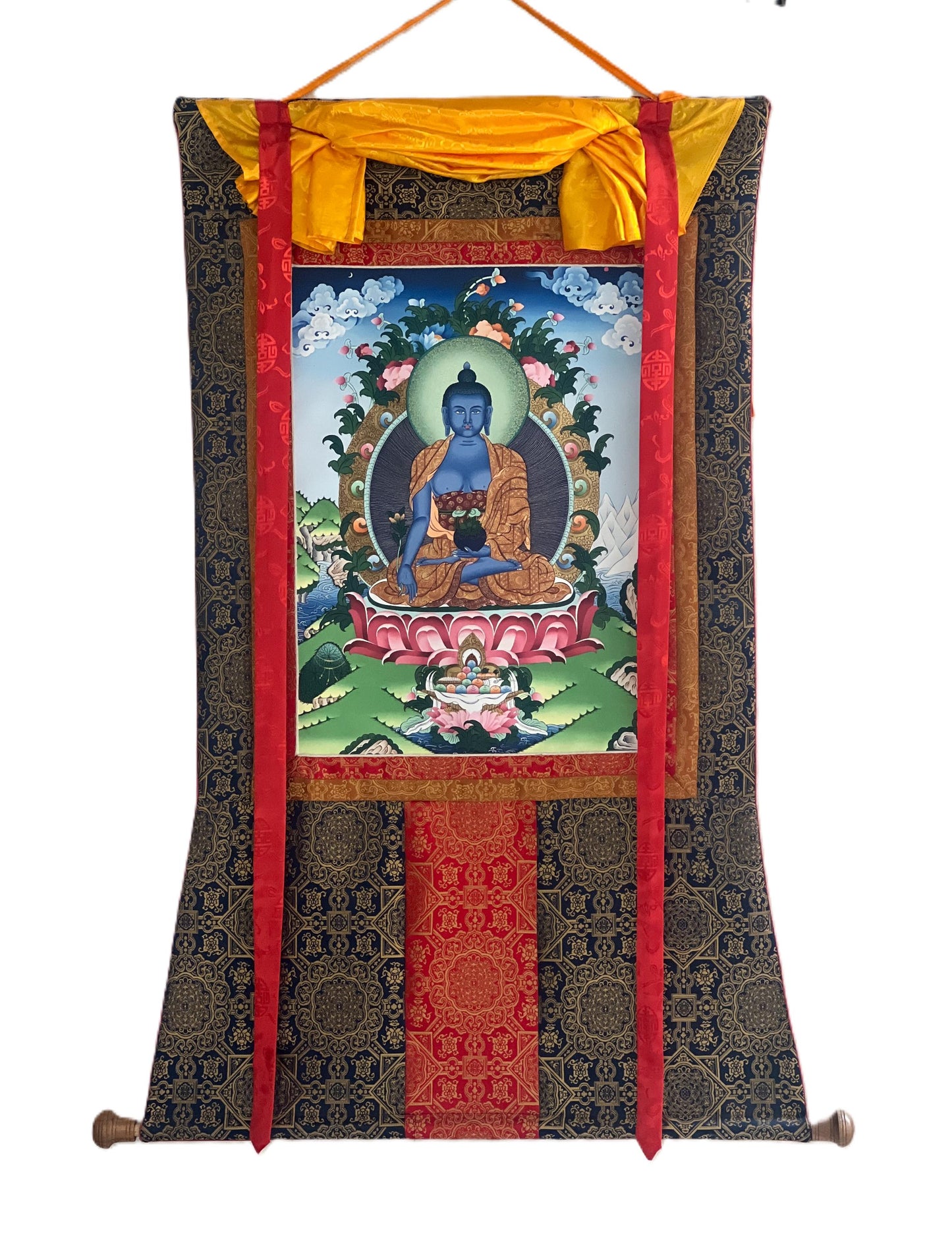 Medicine Buddha Thangka Giclée Print – Tibetan Art with Silk Brocade