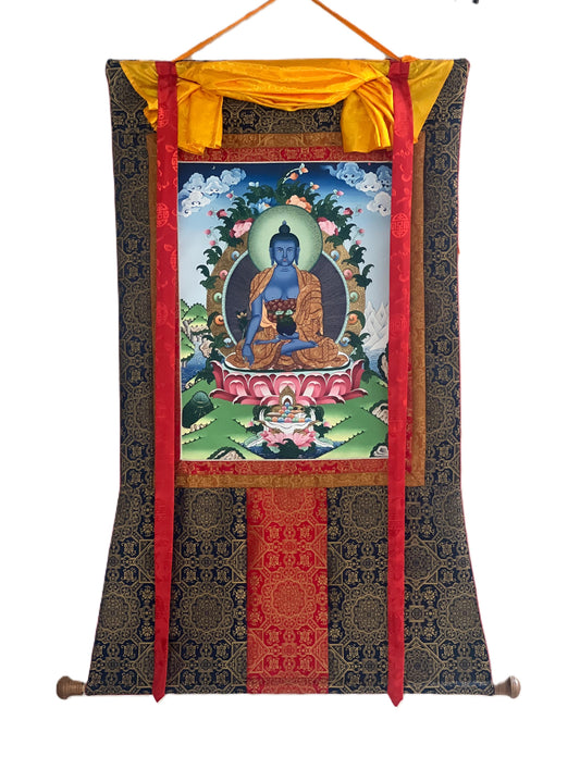 Medicine Buddha Thangka Giclée Print – Tibetan Art with Silk Brocade