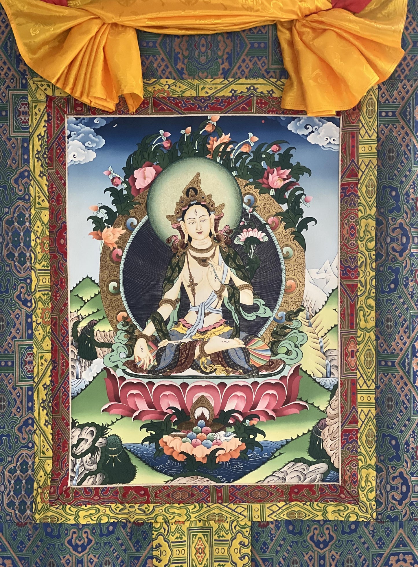 White Tara Thangka Giclée Print – Tibetan Meditation Art with Silk Brocade