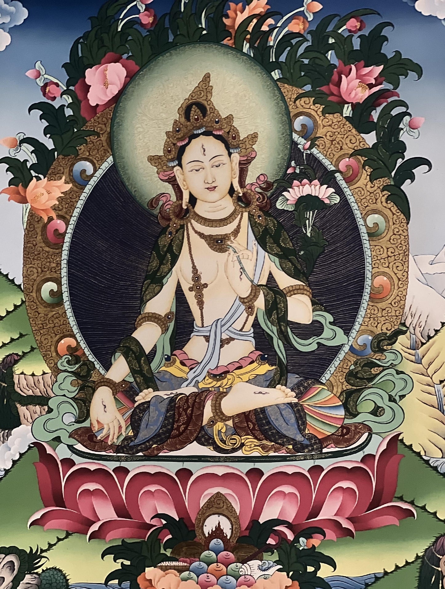 White Tara Thangka Giclée Print – Tibetan Meditation Art with Silk Brocade