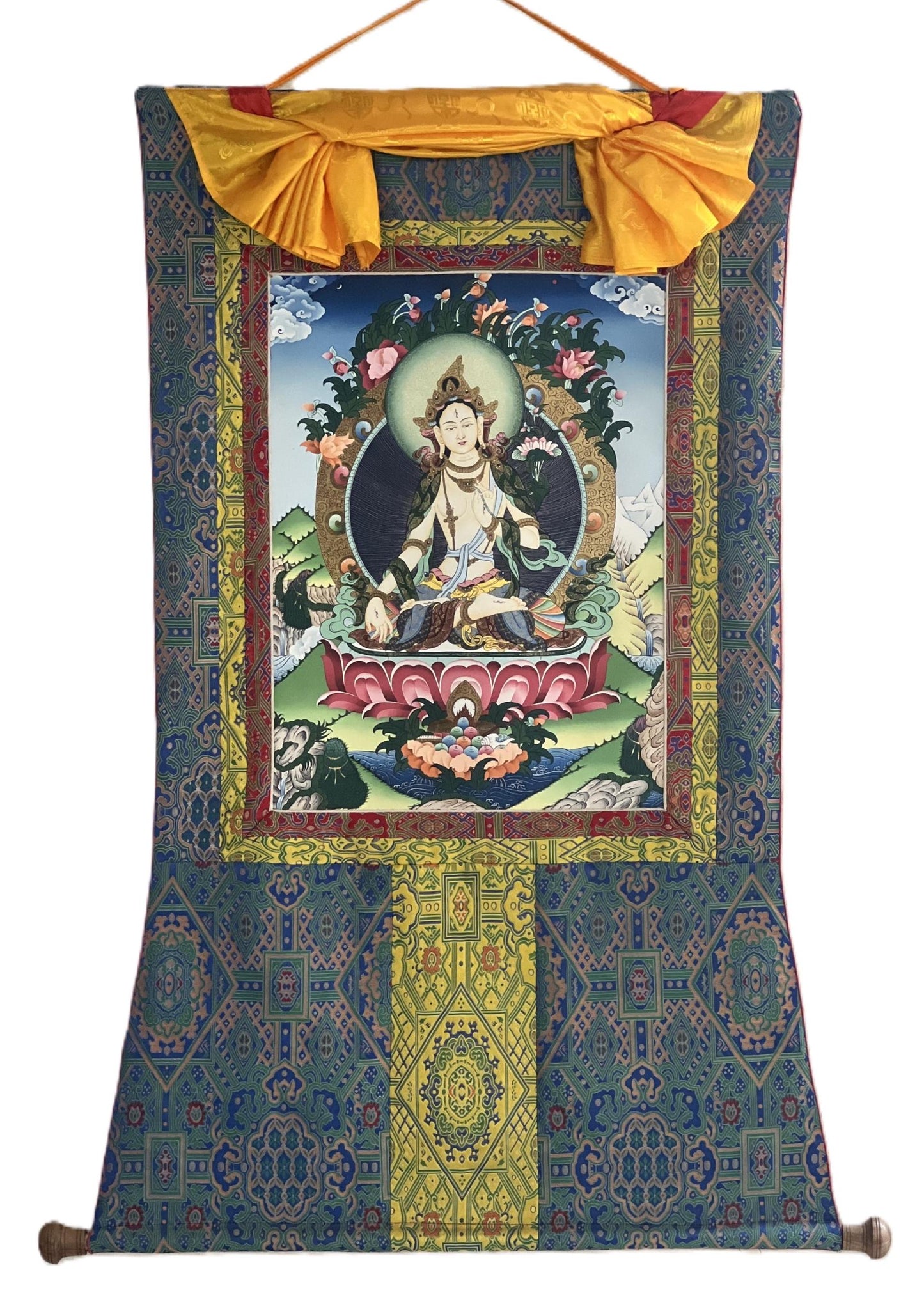 White Tara Thangka Giclée Print – Tibetan Meditation Art with Silk Brocade