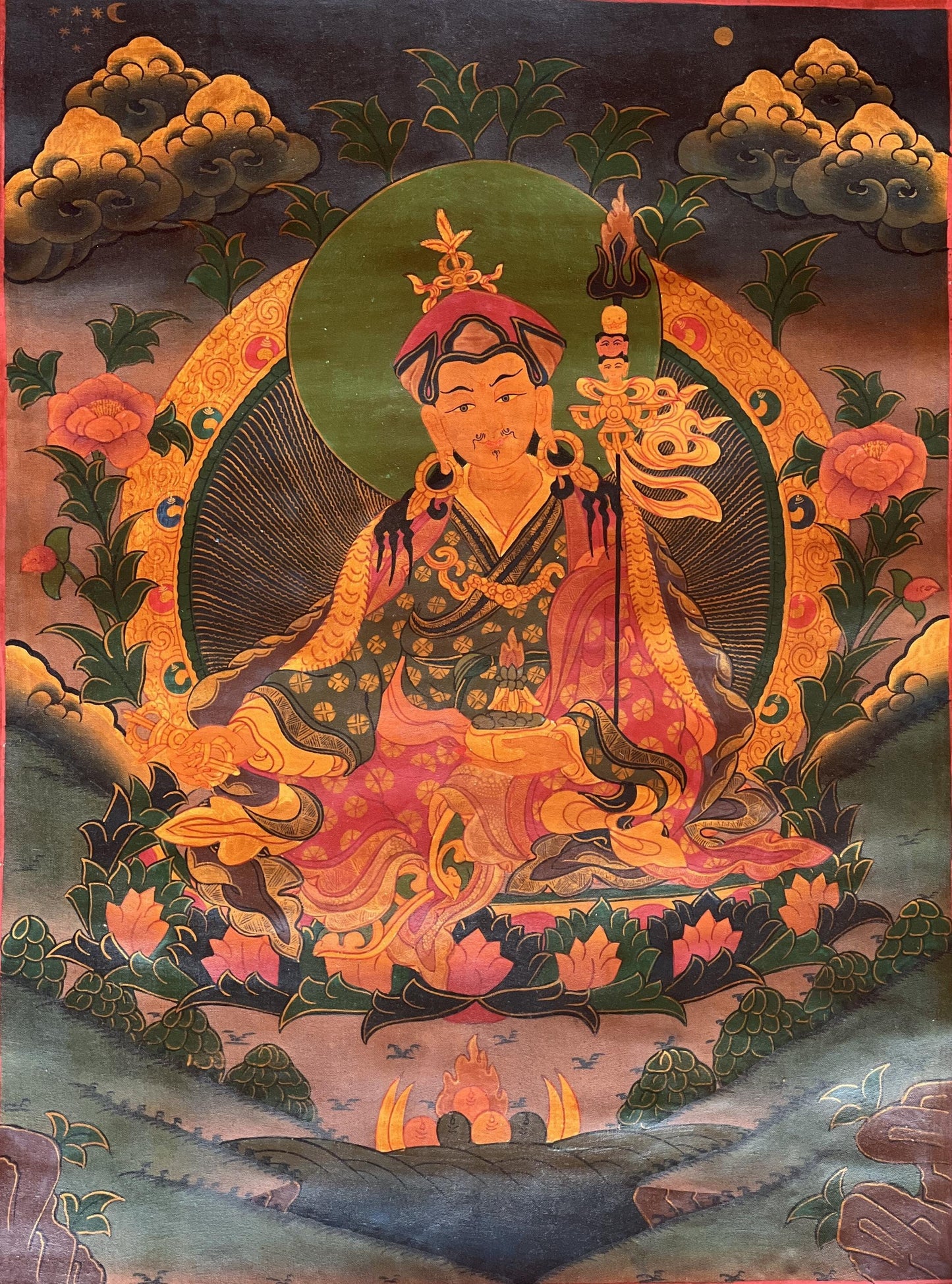 Hand-Painted Guru Rinpoche Thangka: Old Oil Varnished Tibetan Art
