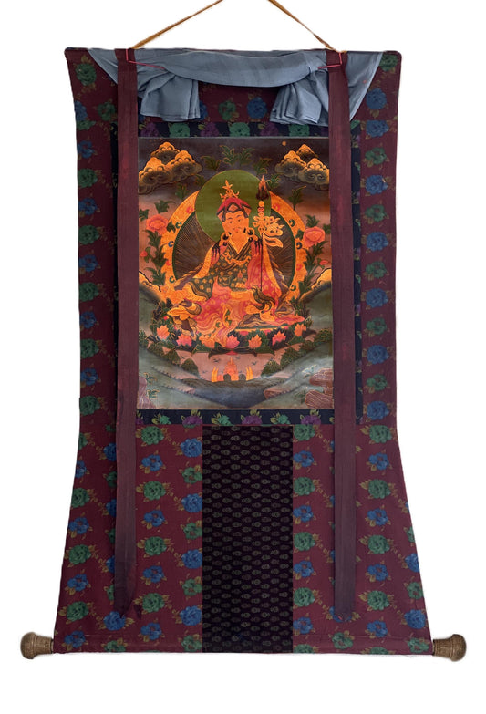 Hand-Painted Guru Rinpoche Thangka: Old Oil Varnished Tibetan Art