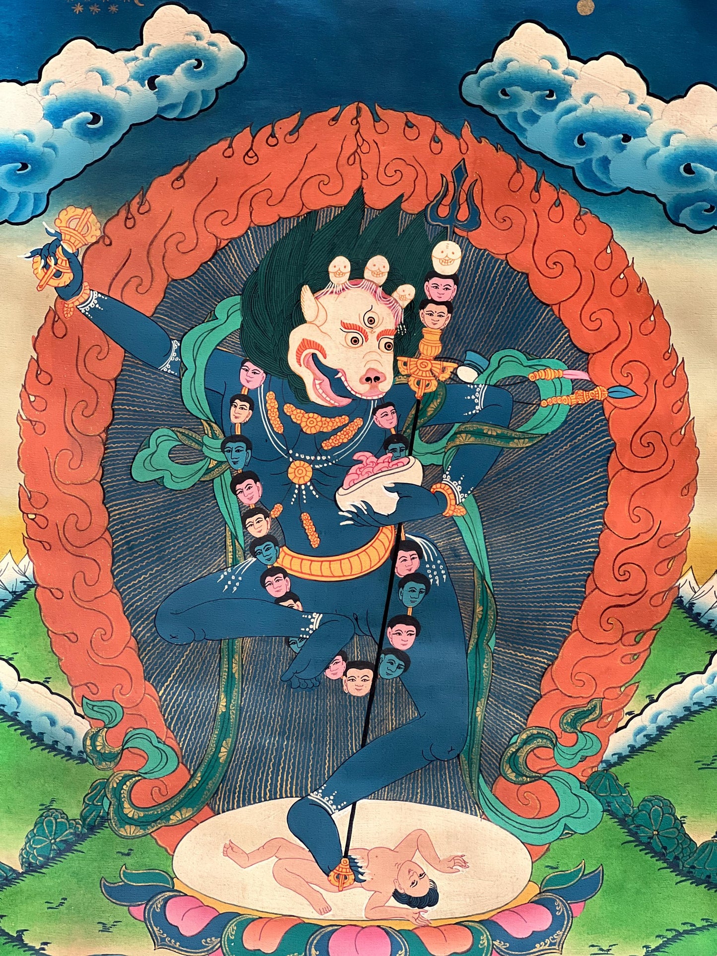 Hand-Painted Simhamukhi Thangka Painting with Silk Border, Tibetan Buddhist Art