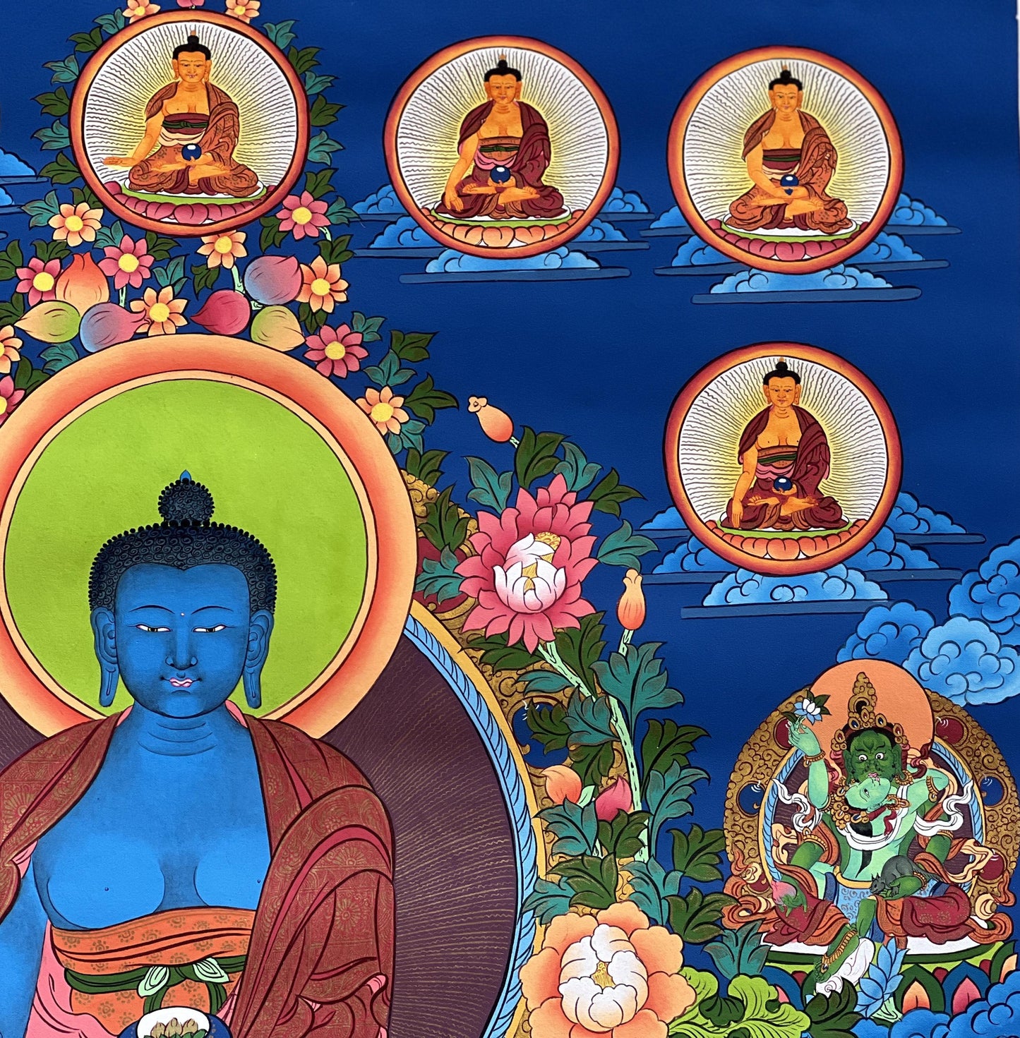 Large Hand-Painted Eight Medicine Buddha Thangka | Tibetan Art | Spiritual Home Decor | Unique Wall Hanging