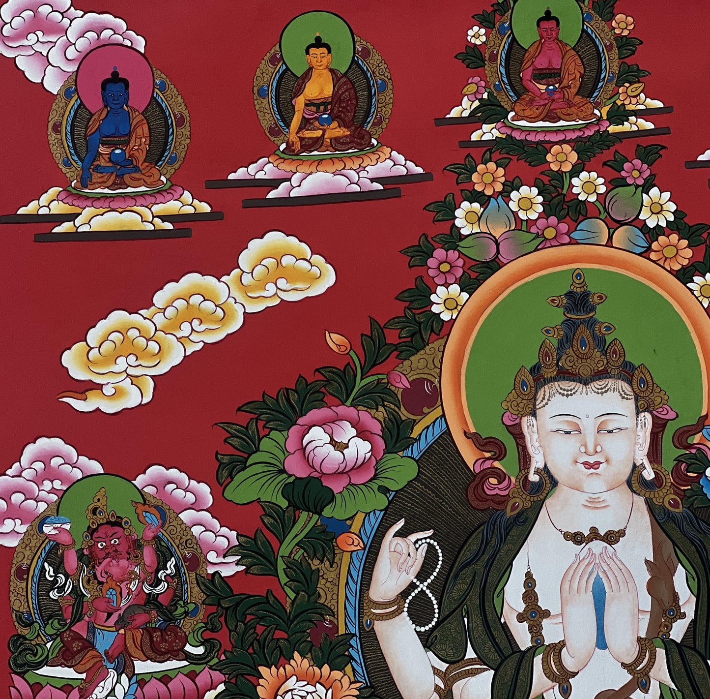 Hand-Painted Four-Armed Chenrezig Thangka with Pancha Buddhas - LARGE Tibetan Compassion Buddha Art