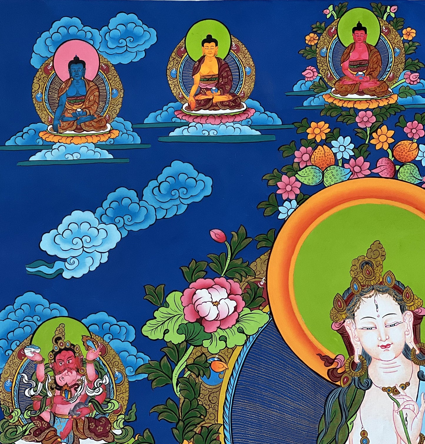 Large White Tara Thangka with Pancha Buddhas | Hand-Painted Tibetan Compassion Goddess Art