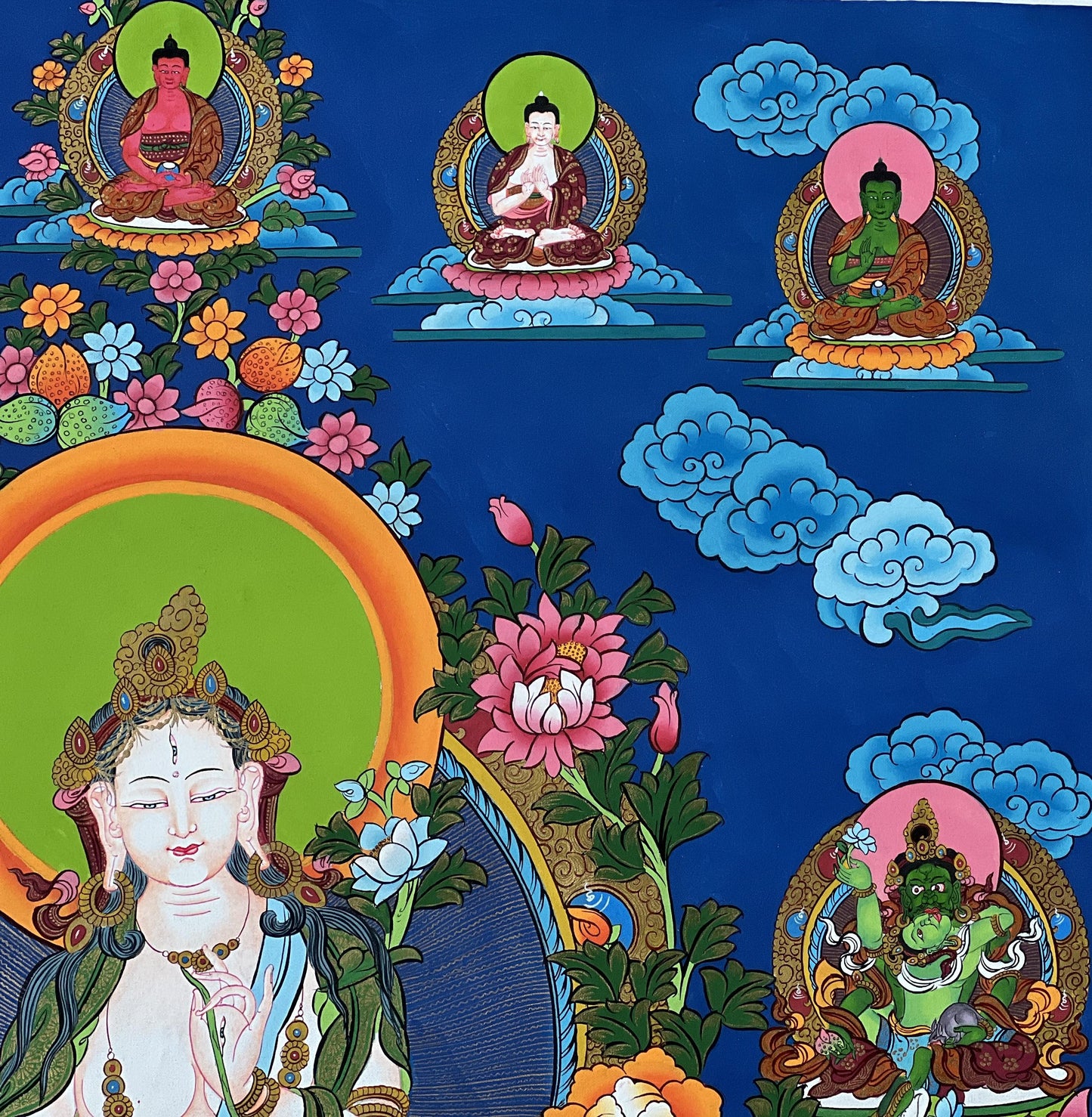 Large White Tara Thangka with Pancha Buddhas | Hand-Painted Tibetan Compassion Goddess Art