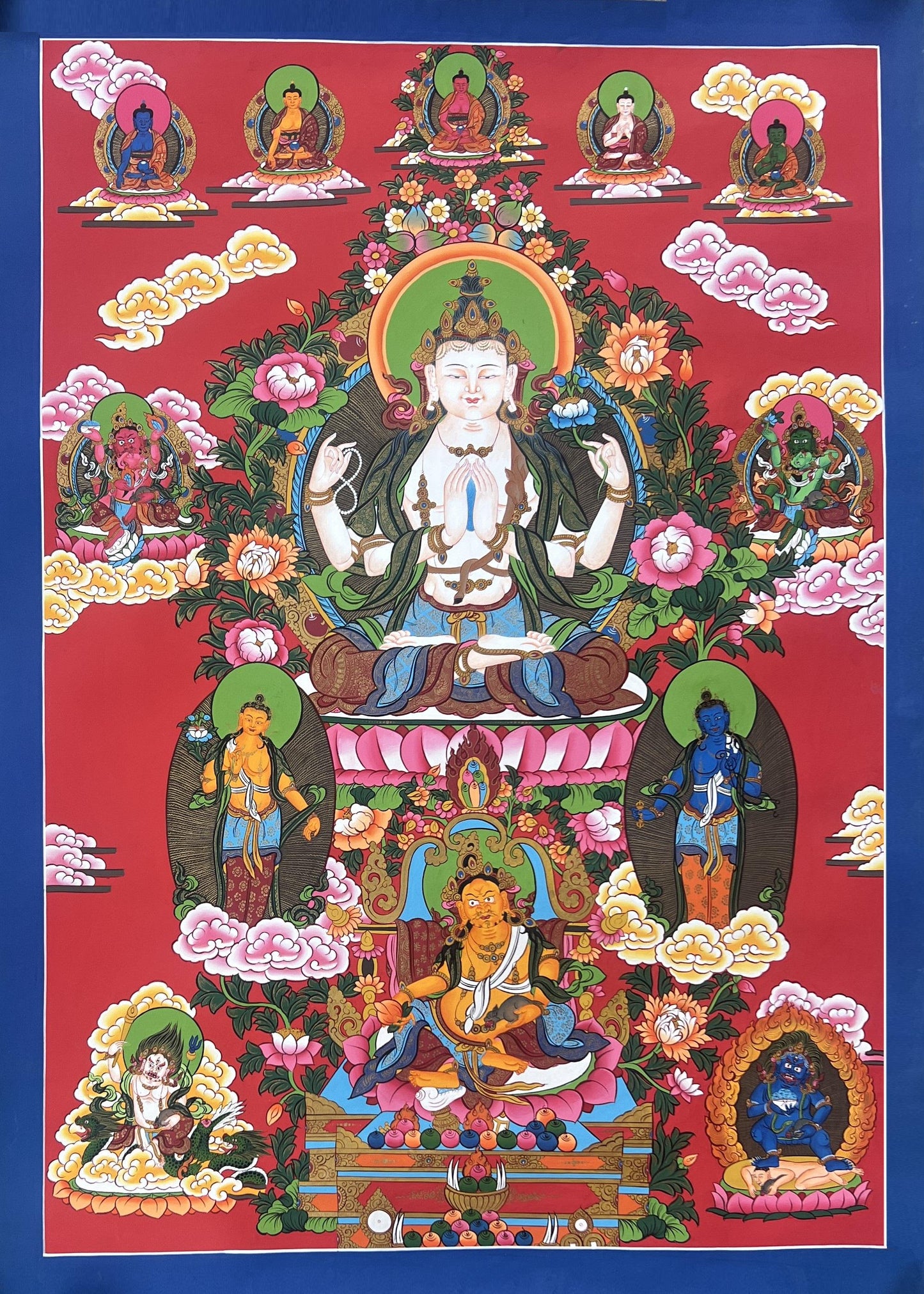 Hand-Painted Four-Armed Chenrezig Thangka with Pancha Buddhas - LARGE Tibetan Compassion Buddha Art