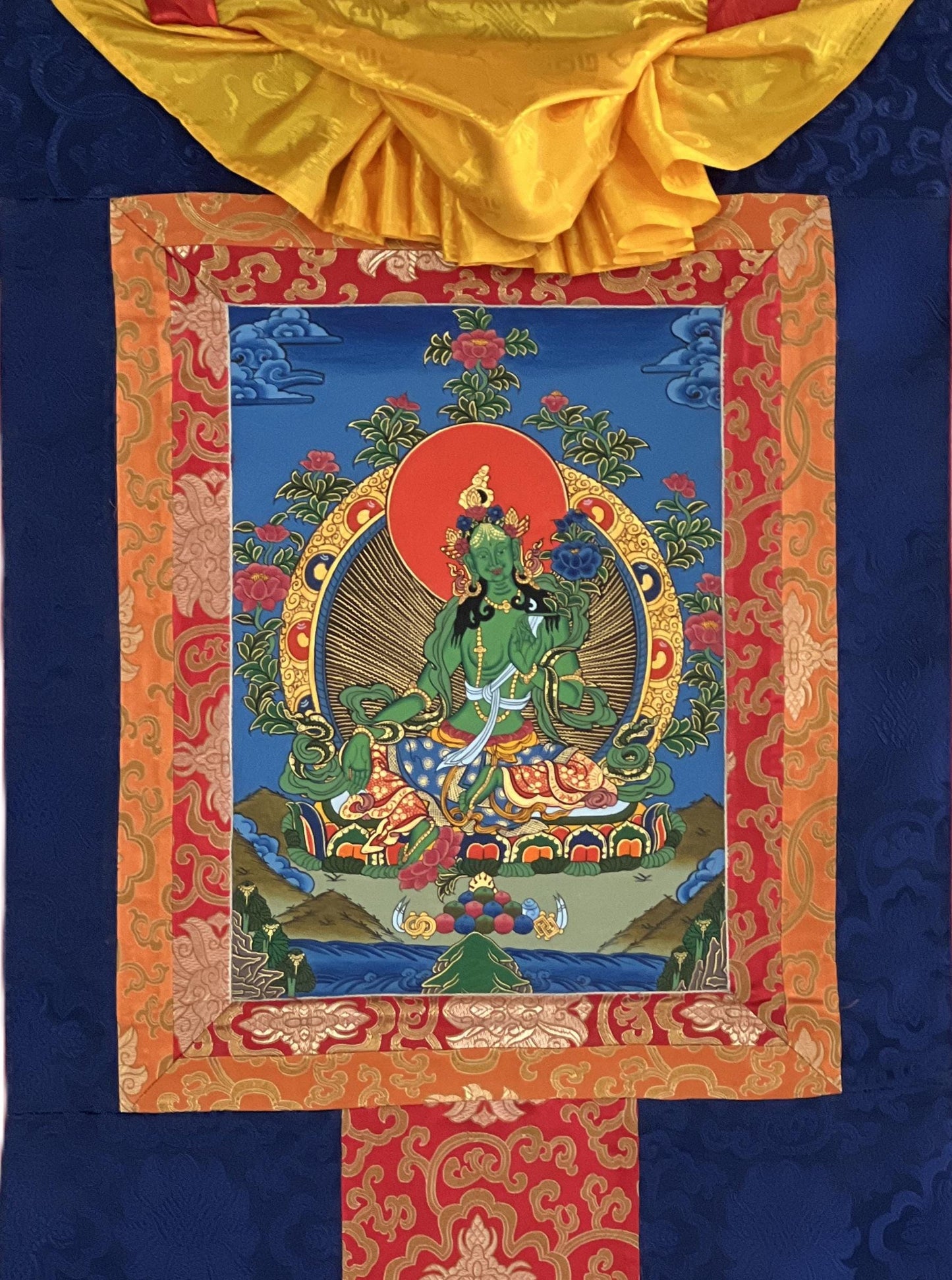 Hand-Painted Green Tara Thangka with Traditional Silk Brocade