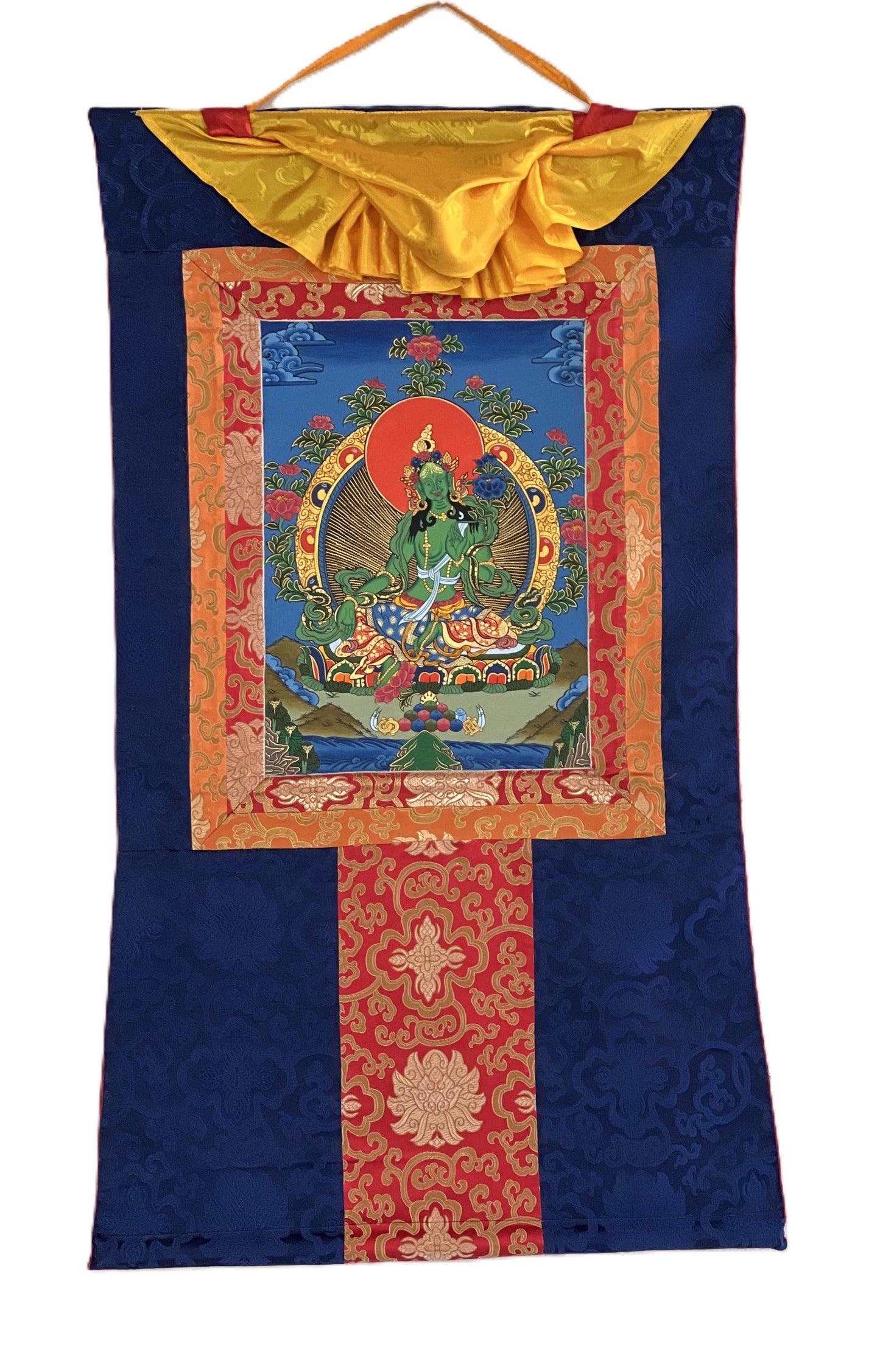 Hand-Painted Green Tara Thangka with Traditional Silk Brocade