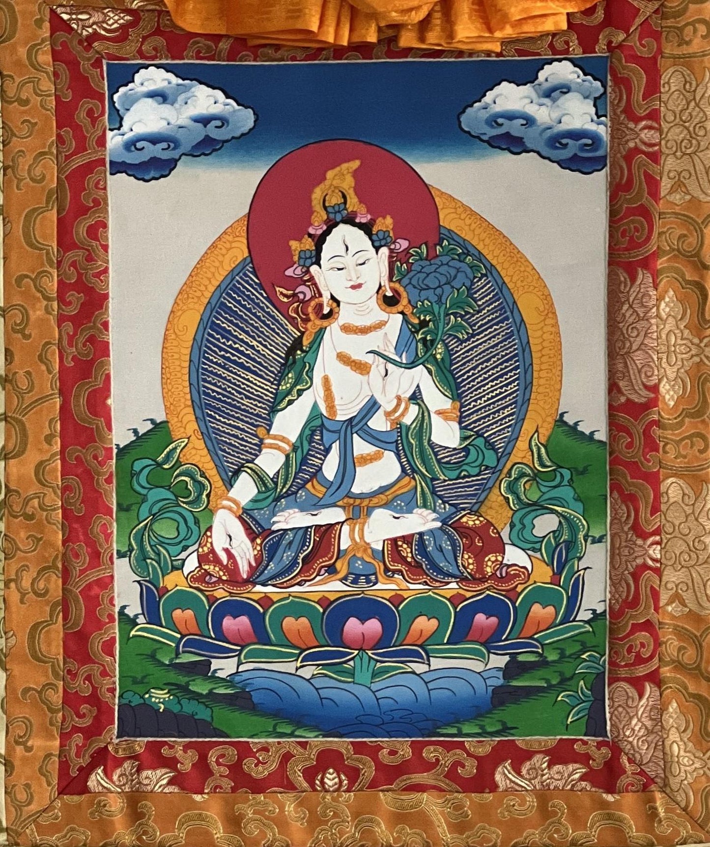 Hand-Painted White Tara Thangka: Mother Goddess, Tibetan Wall Hanging