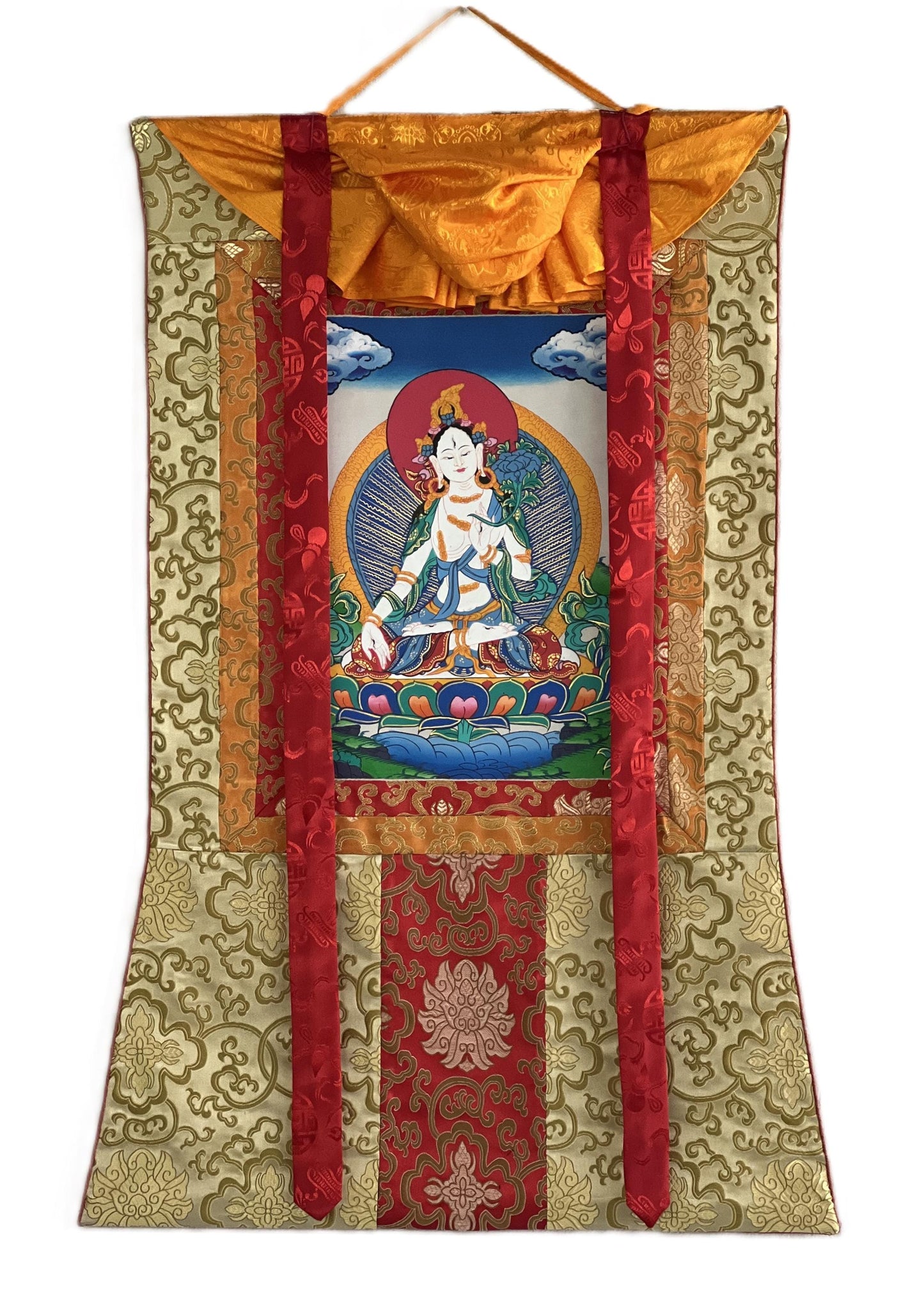 Hand-Painted White Tara Thangka: Mother Goddess, Tibetan Wall Hanging
