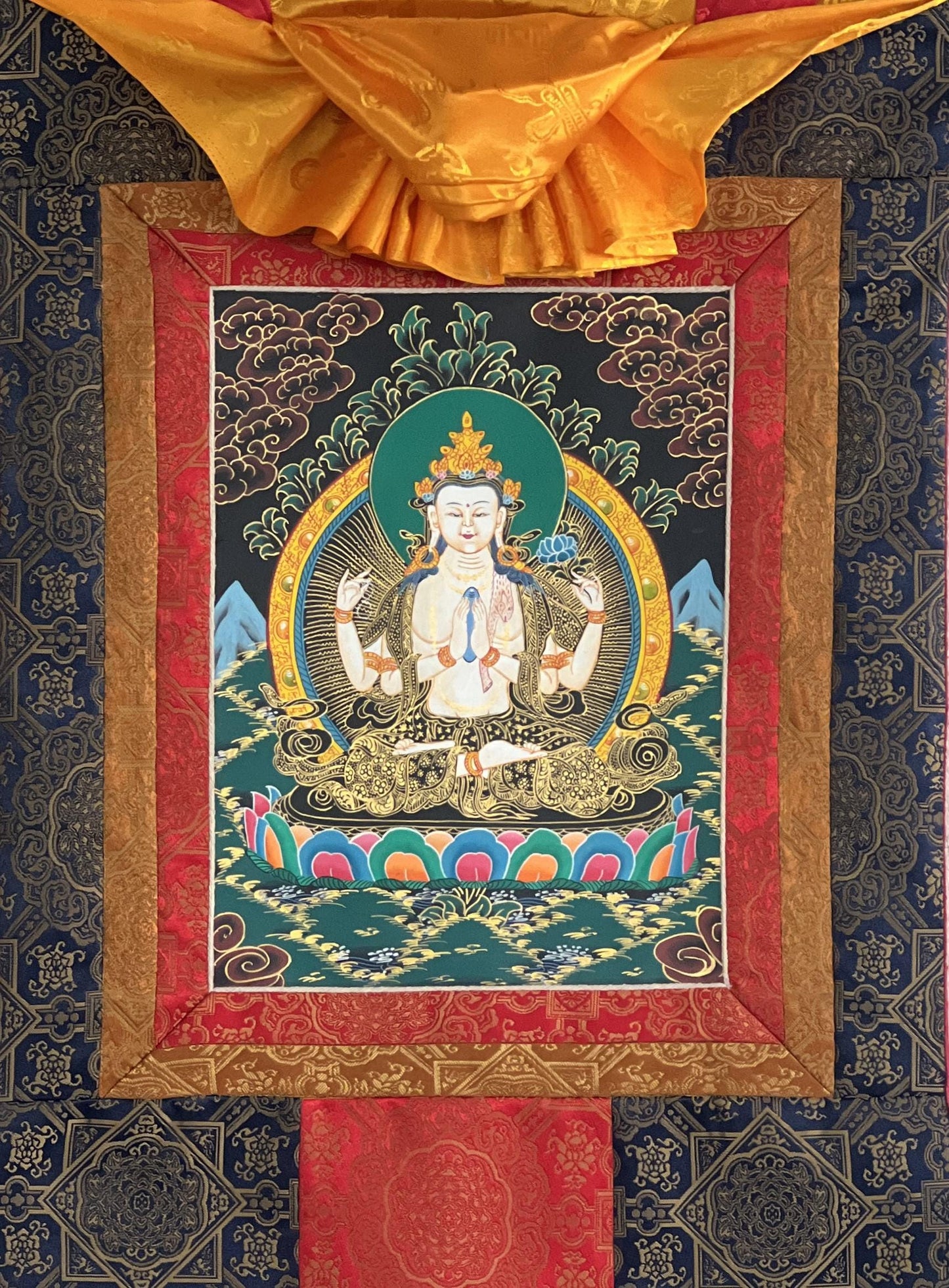 Hand-Painted Chenrezig Thangka Painting with Silk Brocade