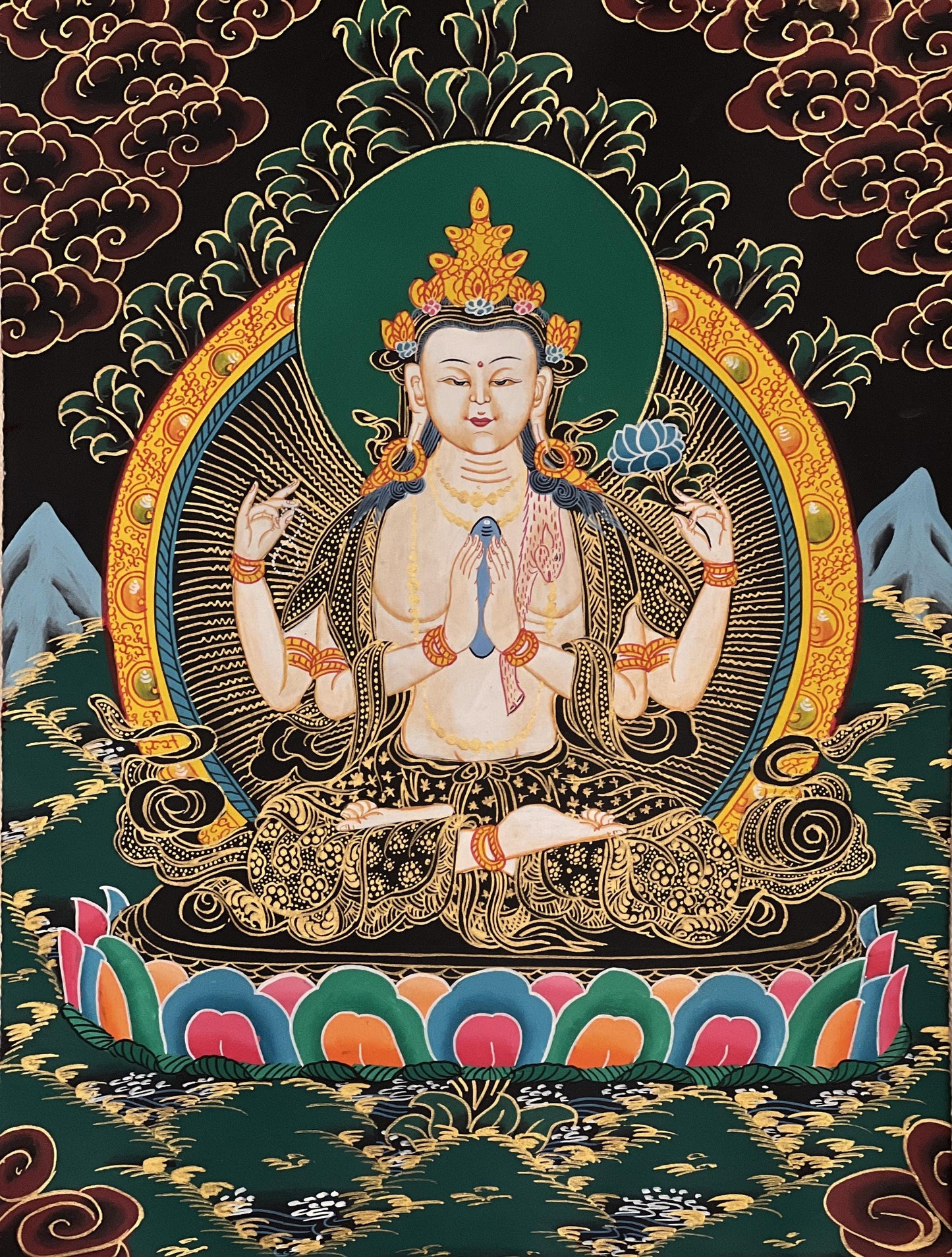 Hand-Painted Chenrezig Thangka Painting with Silk Brocade