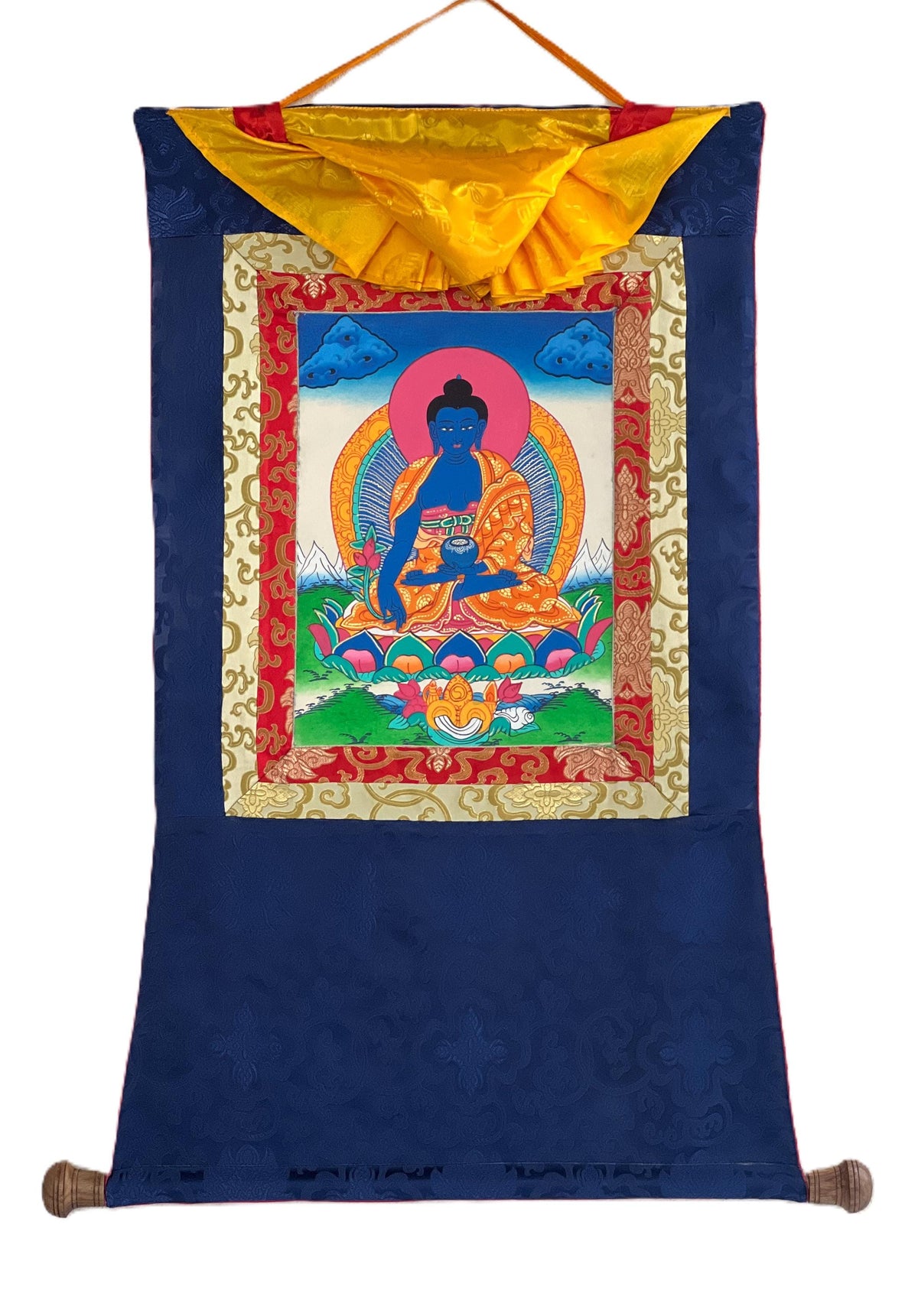 Medicine Buddha Thangka Painting, Hand-Painted Art with Silk Brocade