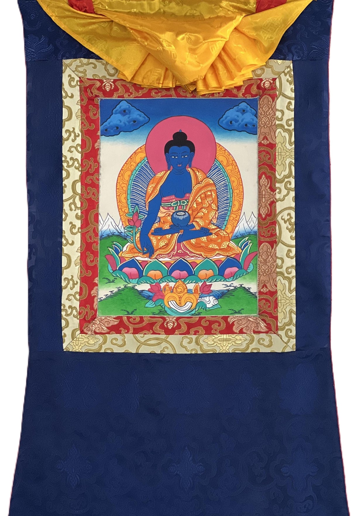 Medicine Buddha Thangka Painting, Hand-Painted Art with Silk Brocade