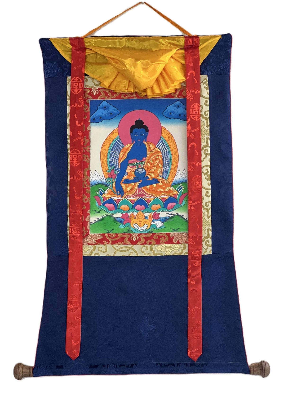 Medicine Buddha Thangka Painting, Hand-Painted Art with Silk Brocade