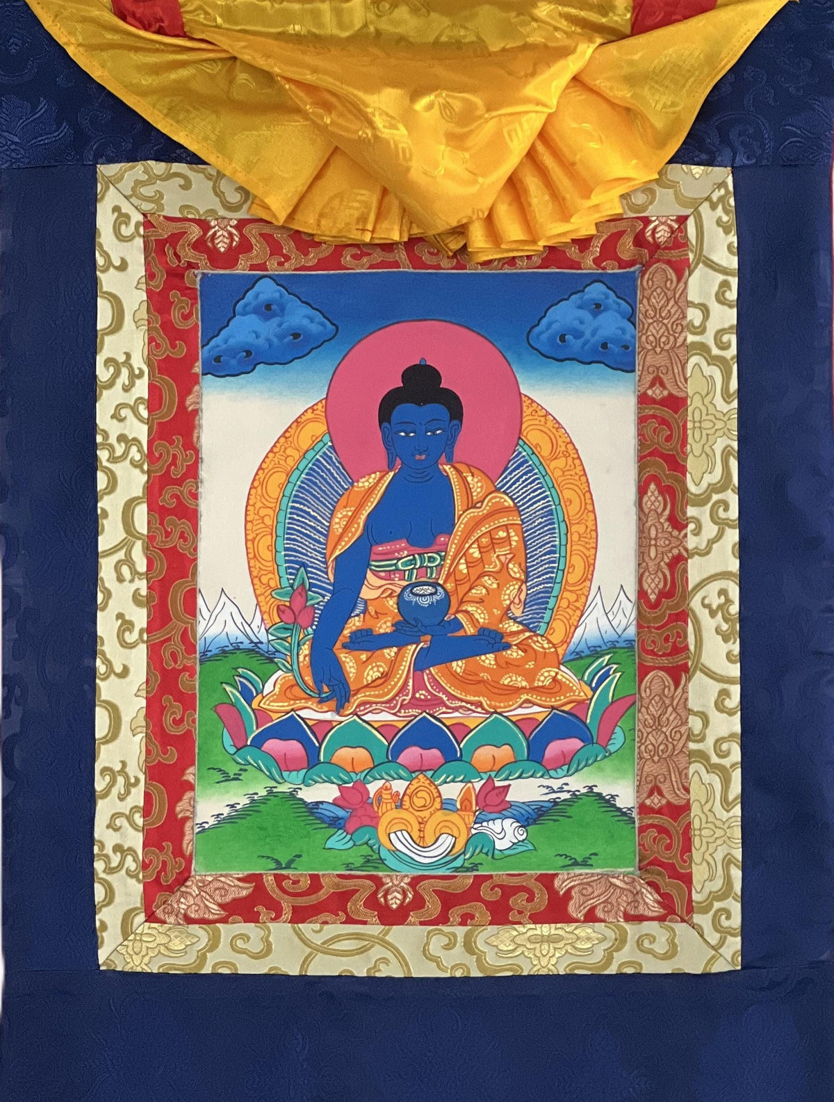 Medicine Buddha Thangka Painting, Hand-Painted Art with Silk Brocade