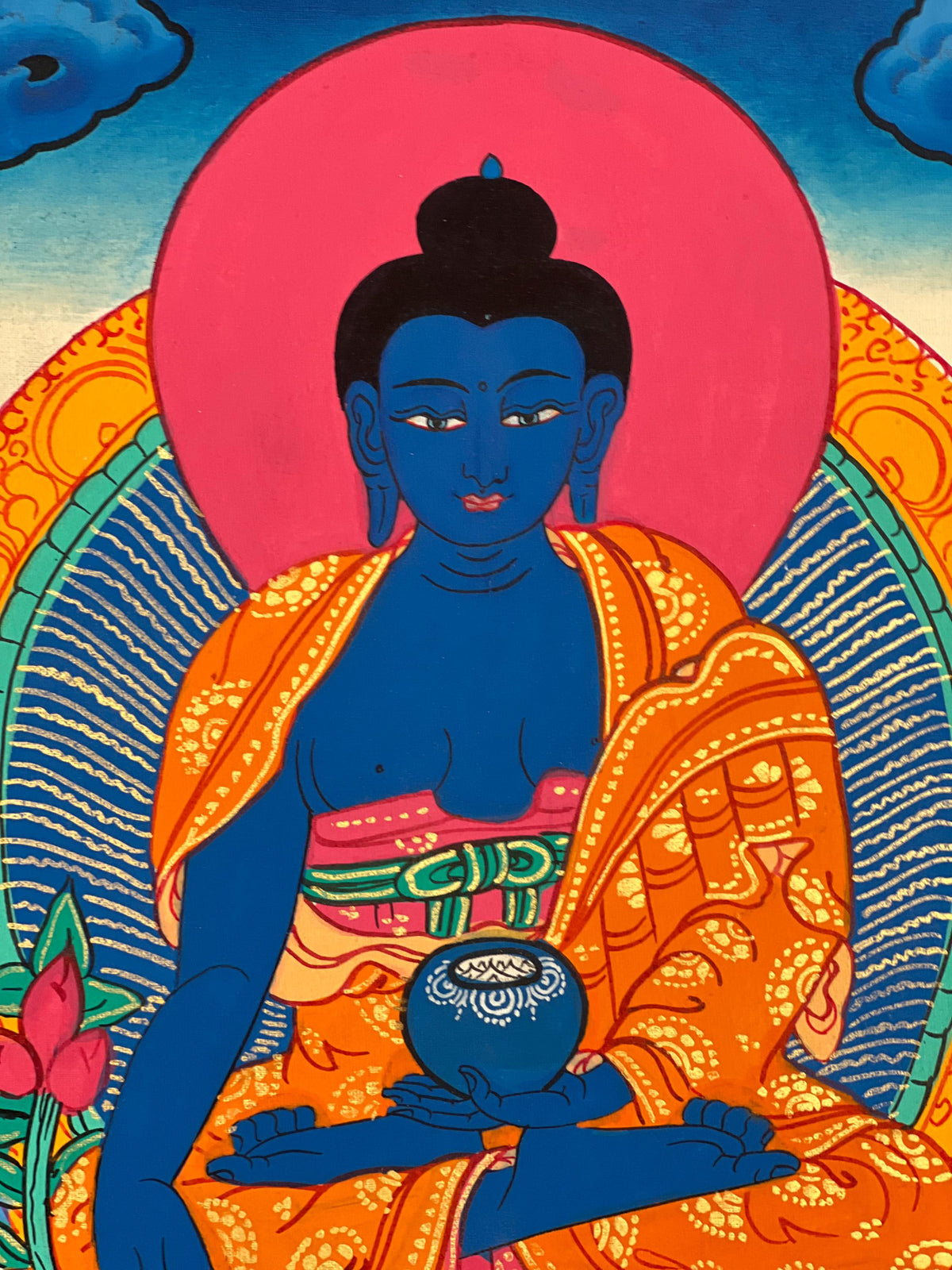 Medicine Buddha Thangka Painting, Hand-Painted Art with Silk Brocade