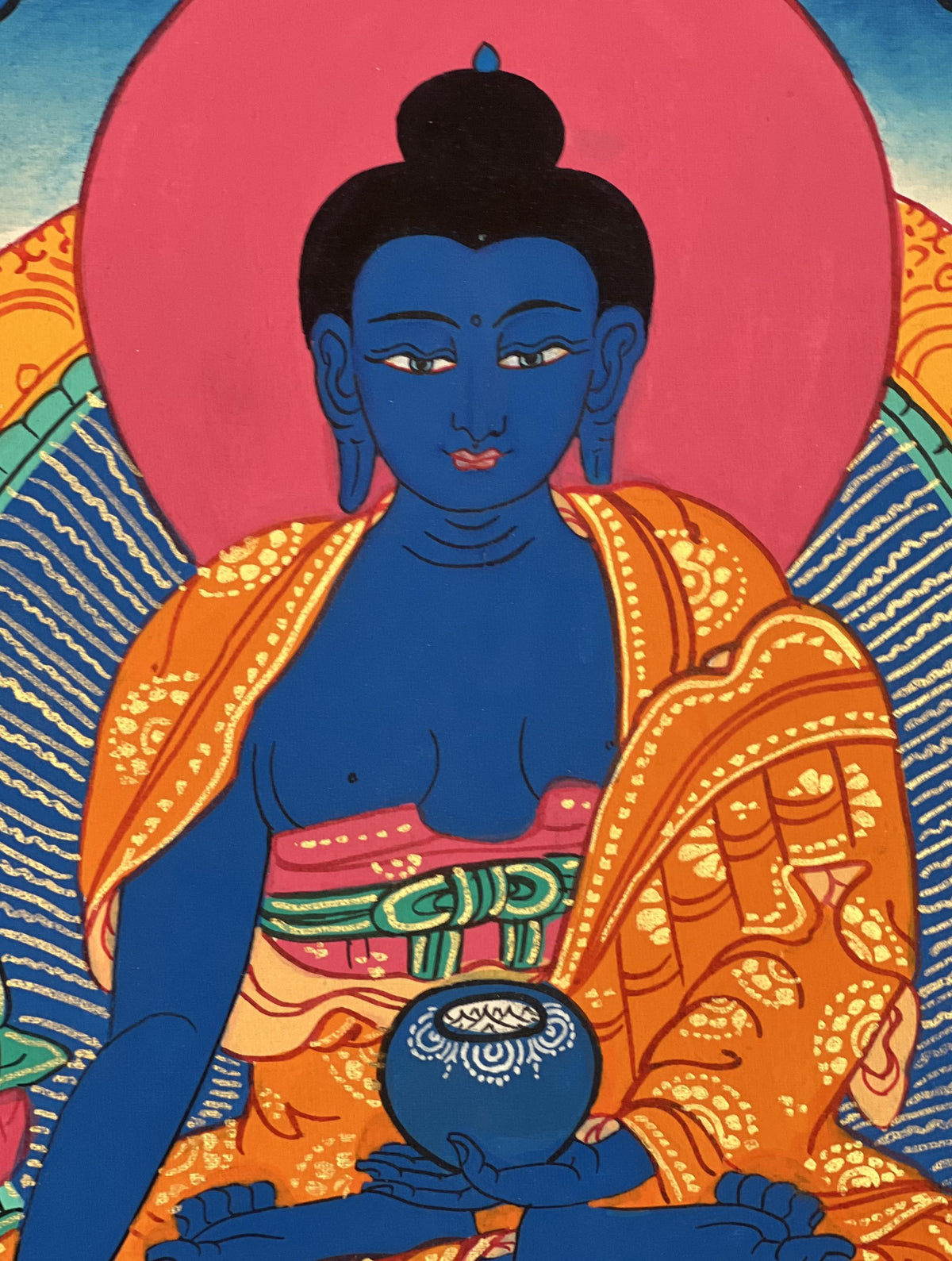 Medicine Buddha Thangka Painting, Hand-Painted Art with Silk Brocade