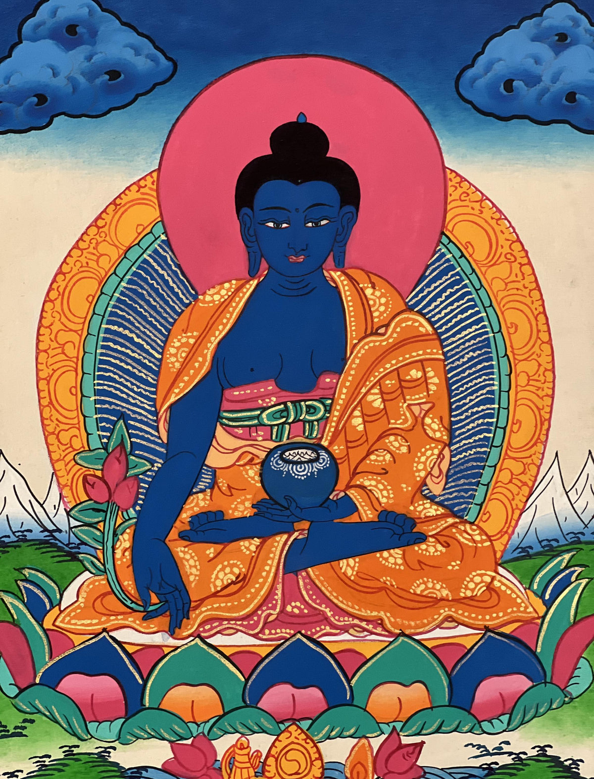 Medicine Buddha Thangka Painting, Hand-Painted Art with Silk Brocade