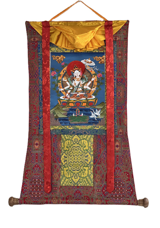 Hand-painted Sitatapatra Tibetan Thangka Painting, Silk Framed