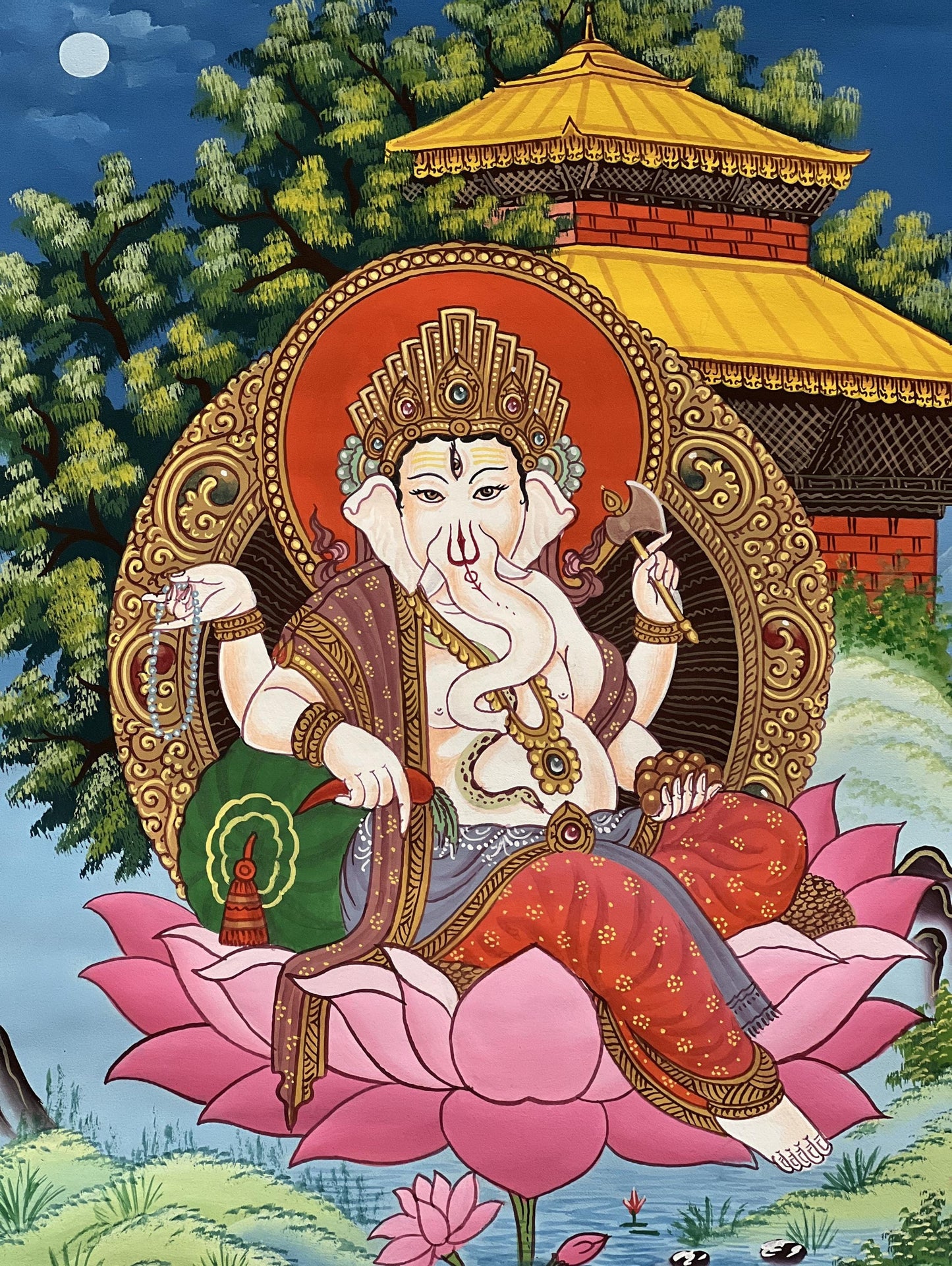 Original Hand-Painted Four-Armed Ganesha Wall Art | Hindu God Thanka Painting | Silk Brocade Framed