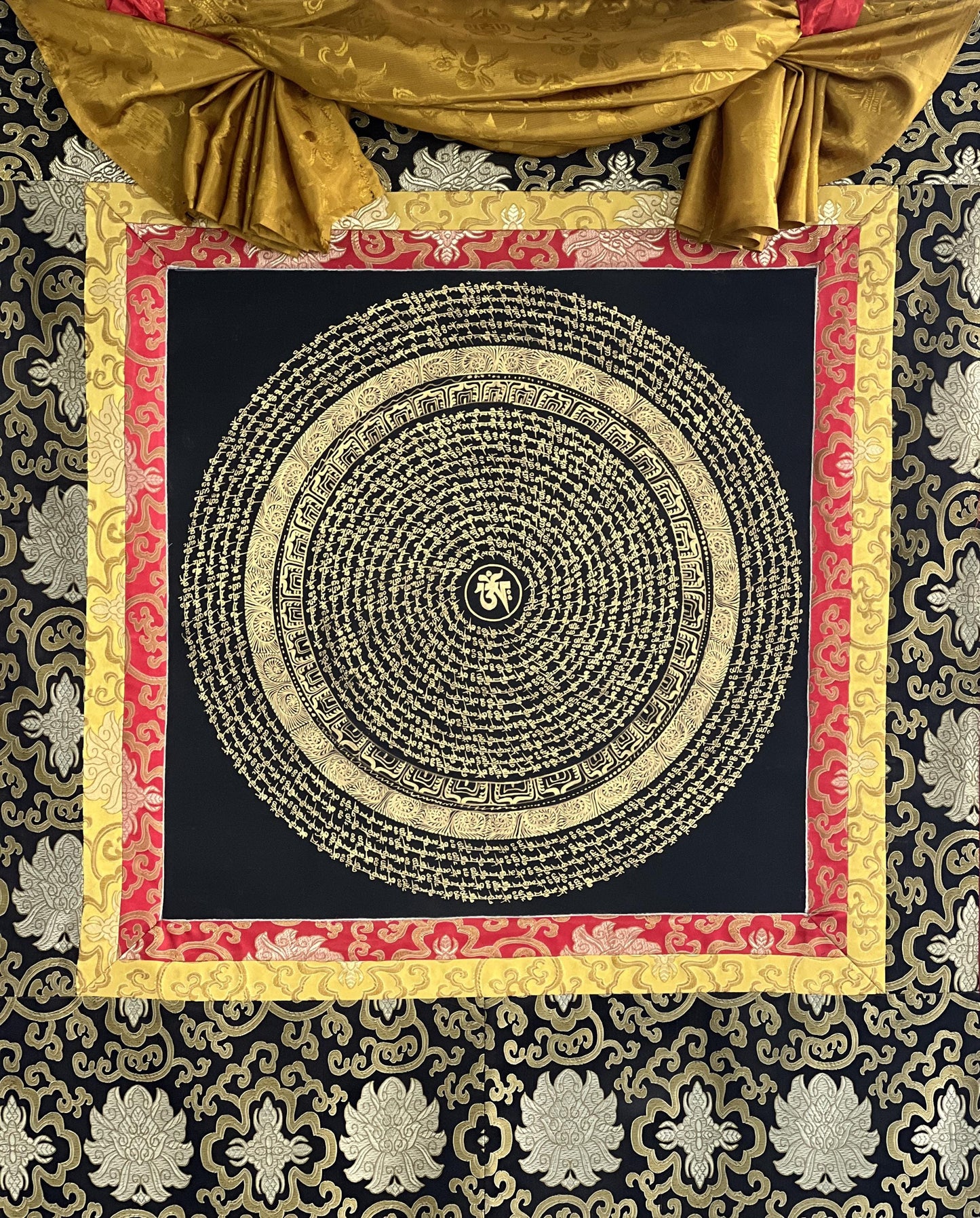 Tibetan Om Mantra Mandala Thangka | Sacred Meditation Wall Hanging, Silk Brocade