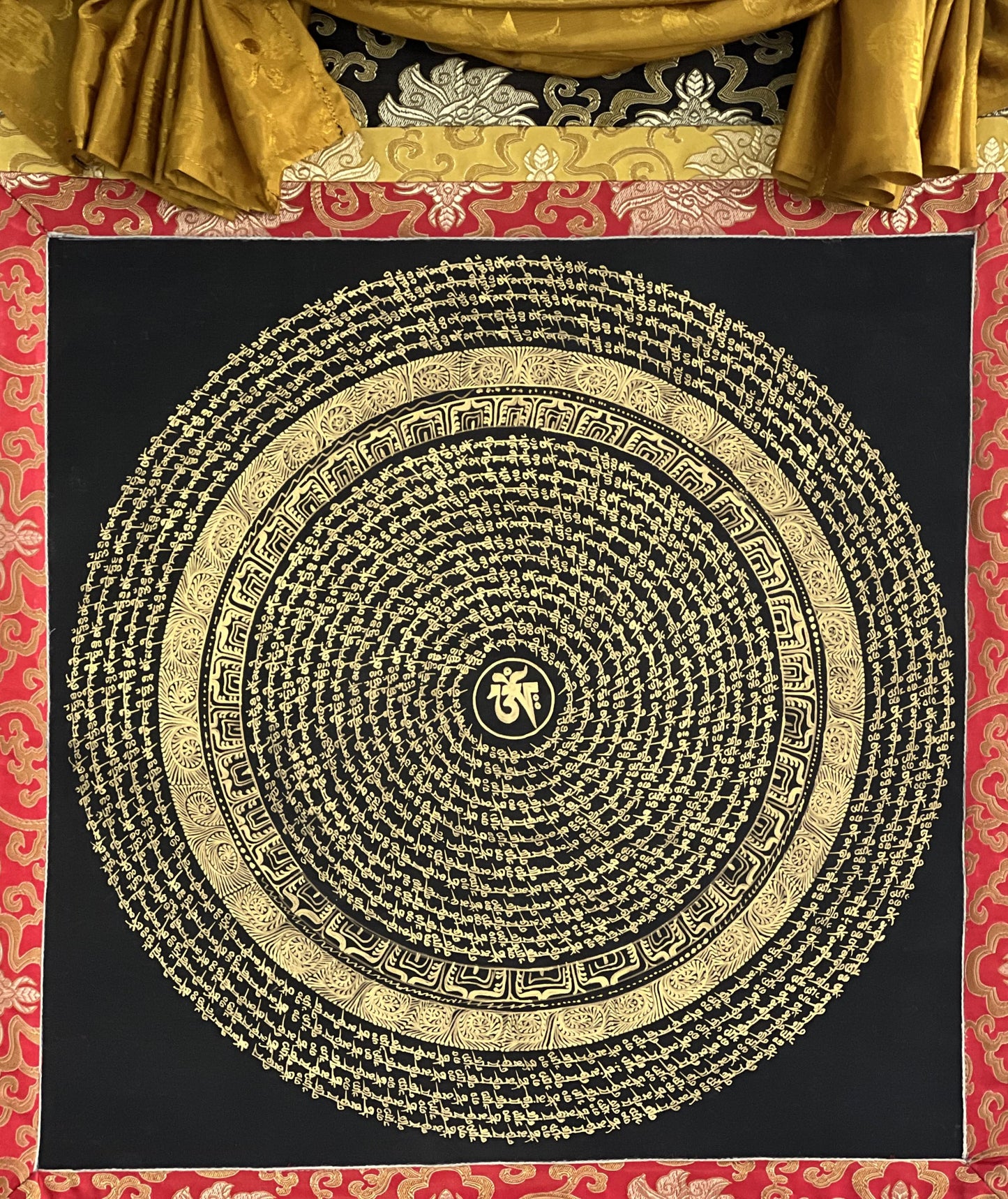 Tibetan Om Mantra Mandala Thangka | Sacred Meditation Wall Hanging, Silk Brocade