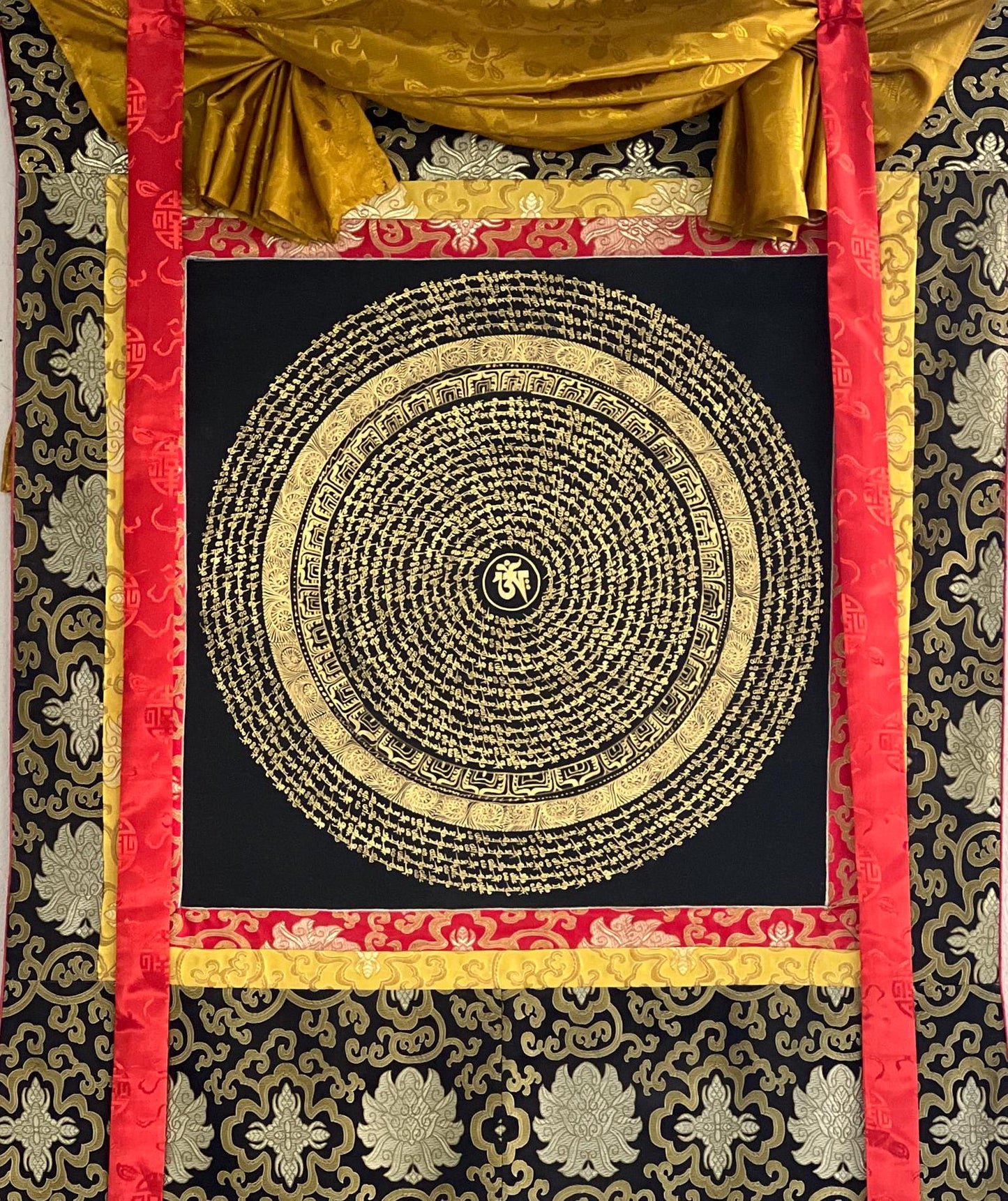 Tibetan Om Mantra Mandala Thangka | Sacred Meditation Wall Hanging, Silk Brocade