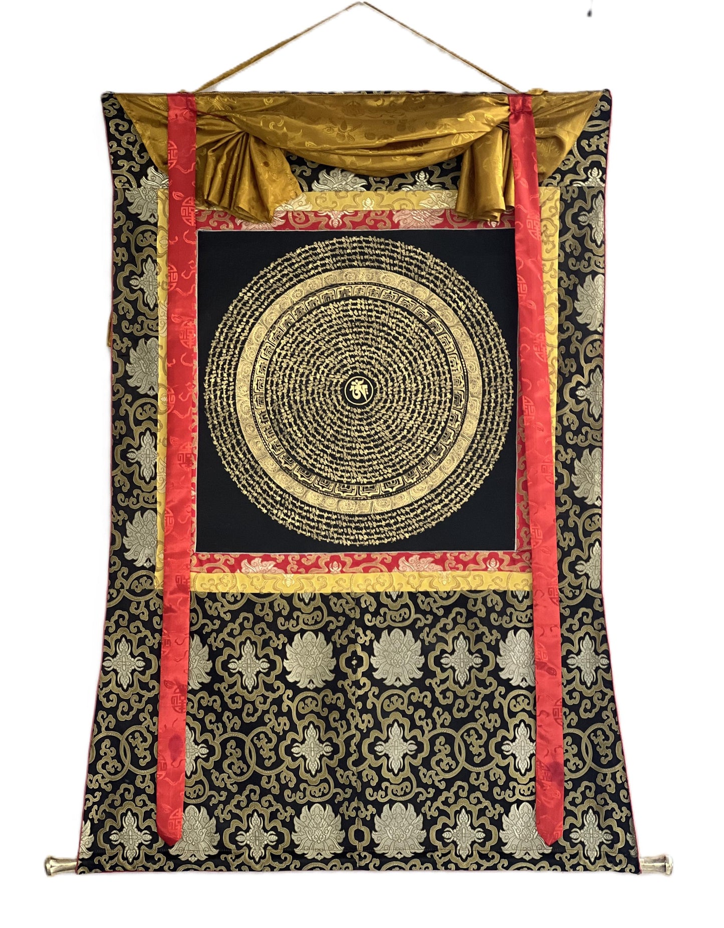Tibetan Om Mantra Mandala Thangka | Sacred Meditation Wall Hanging, Silk Brocade