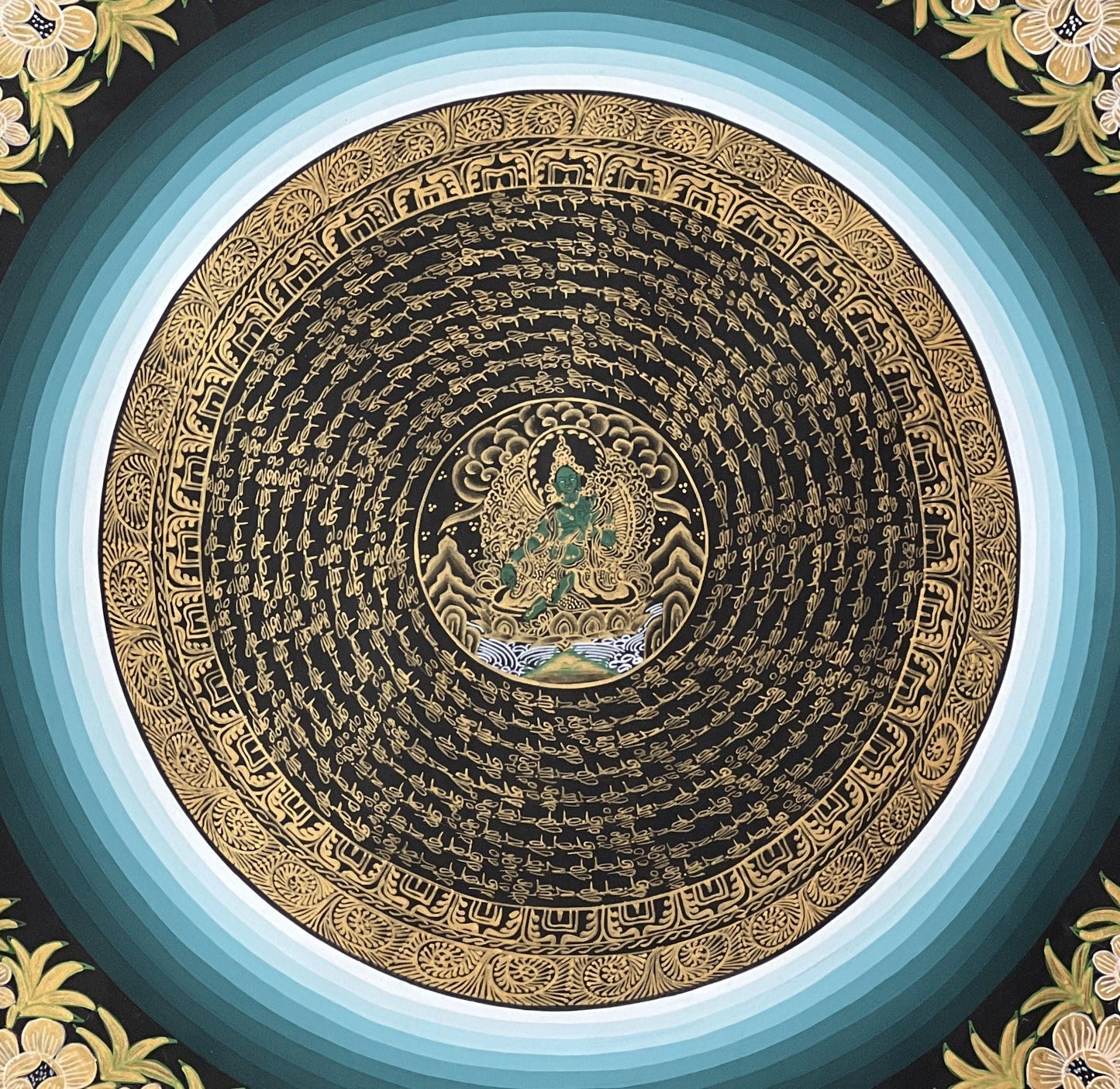 Tibetan Green Tara Thangka Painting | OM Mantra Mandala Art