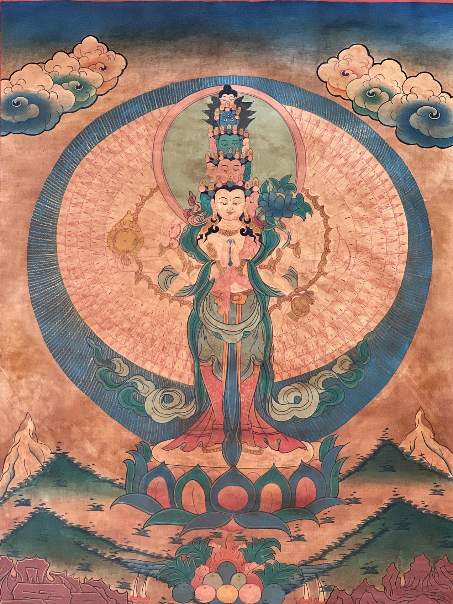 Thousand-Armed Avalokiteshvara Thangka | Hand-Painted Chenrezig Compassion Art with Silk Brocade