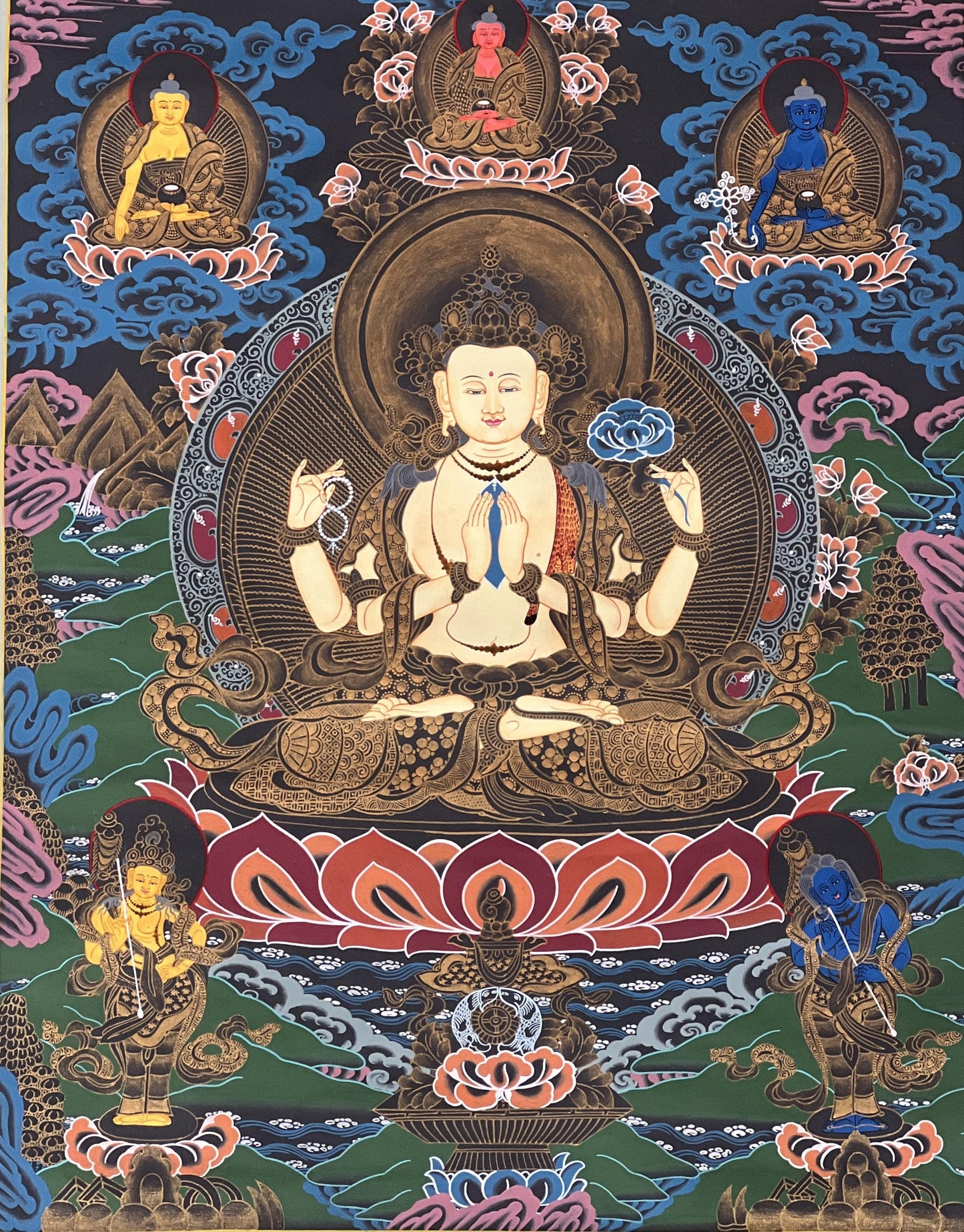 Hand-Painted Avalokiteshvara Thangka – Tibetan Buddha Art