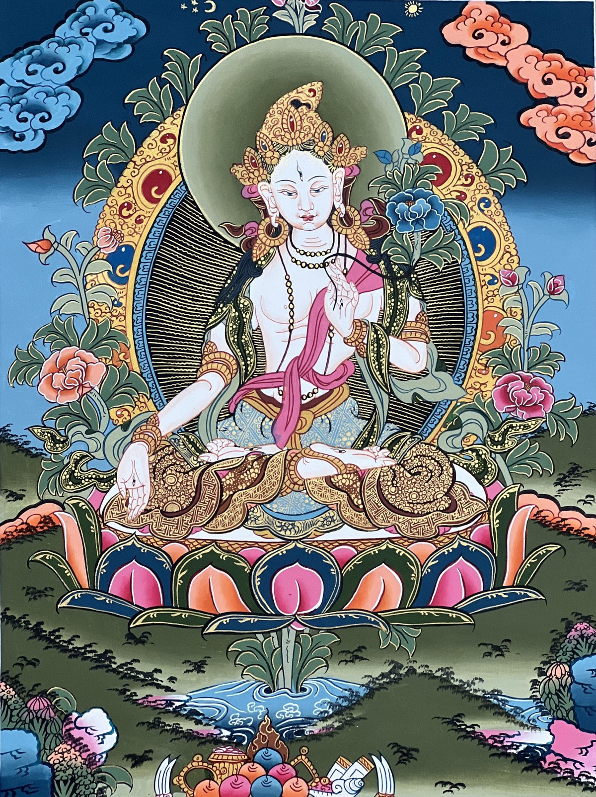 White Tara Thangka Painting with Silk Brocade, Tibetan Meditation Art