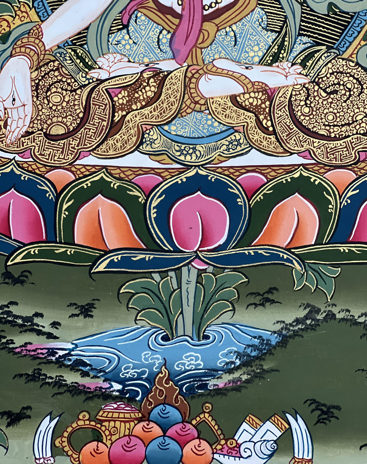 White Tara Thangka Painting with Silk Brocade, Tibetan Meditation Art