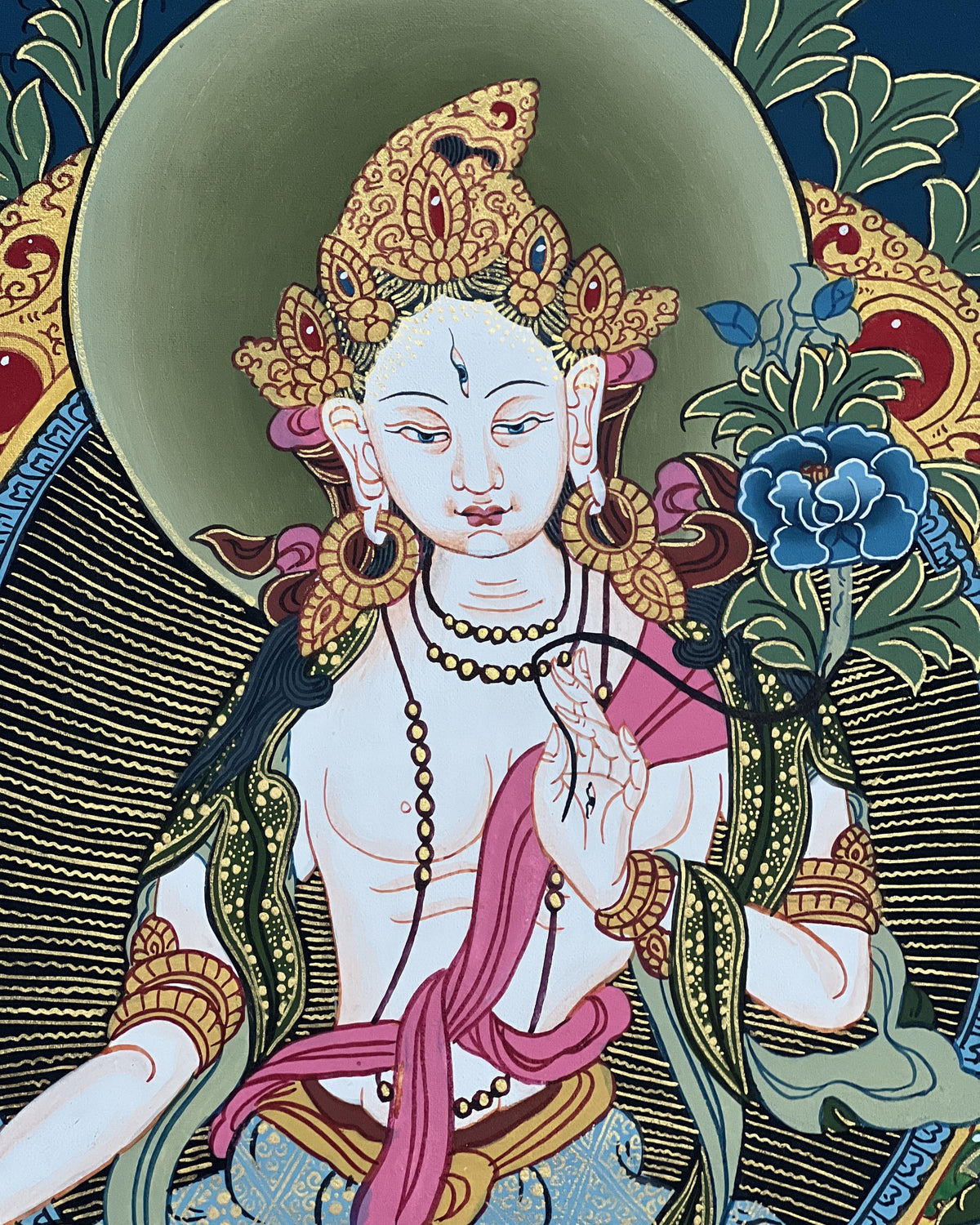White Tara Thangka Painting with Silk Brocade, Tibetan Meditation Art
