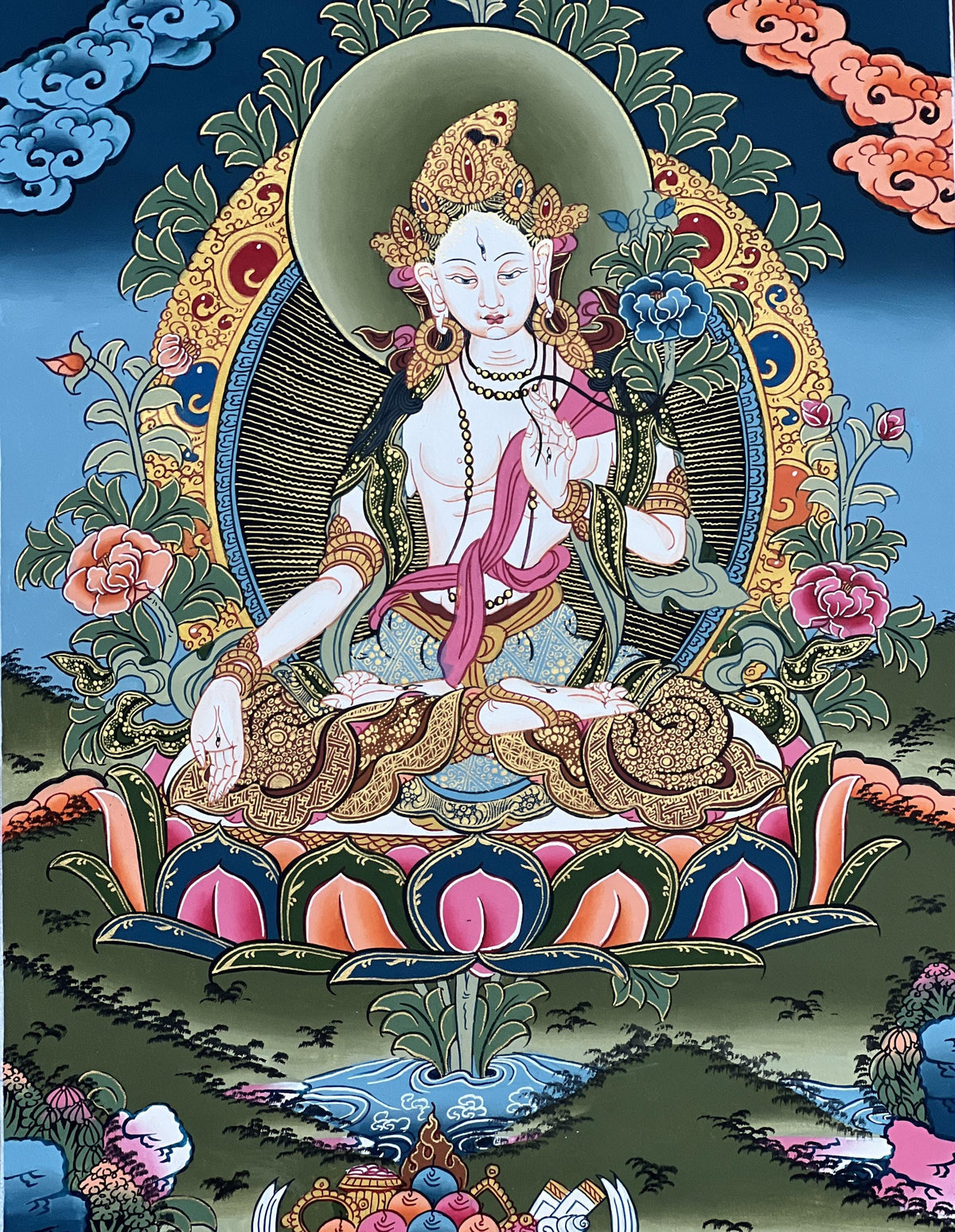 White Tara Thangka Painting with Silk Brocade, Tibetan Meditation Art