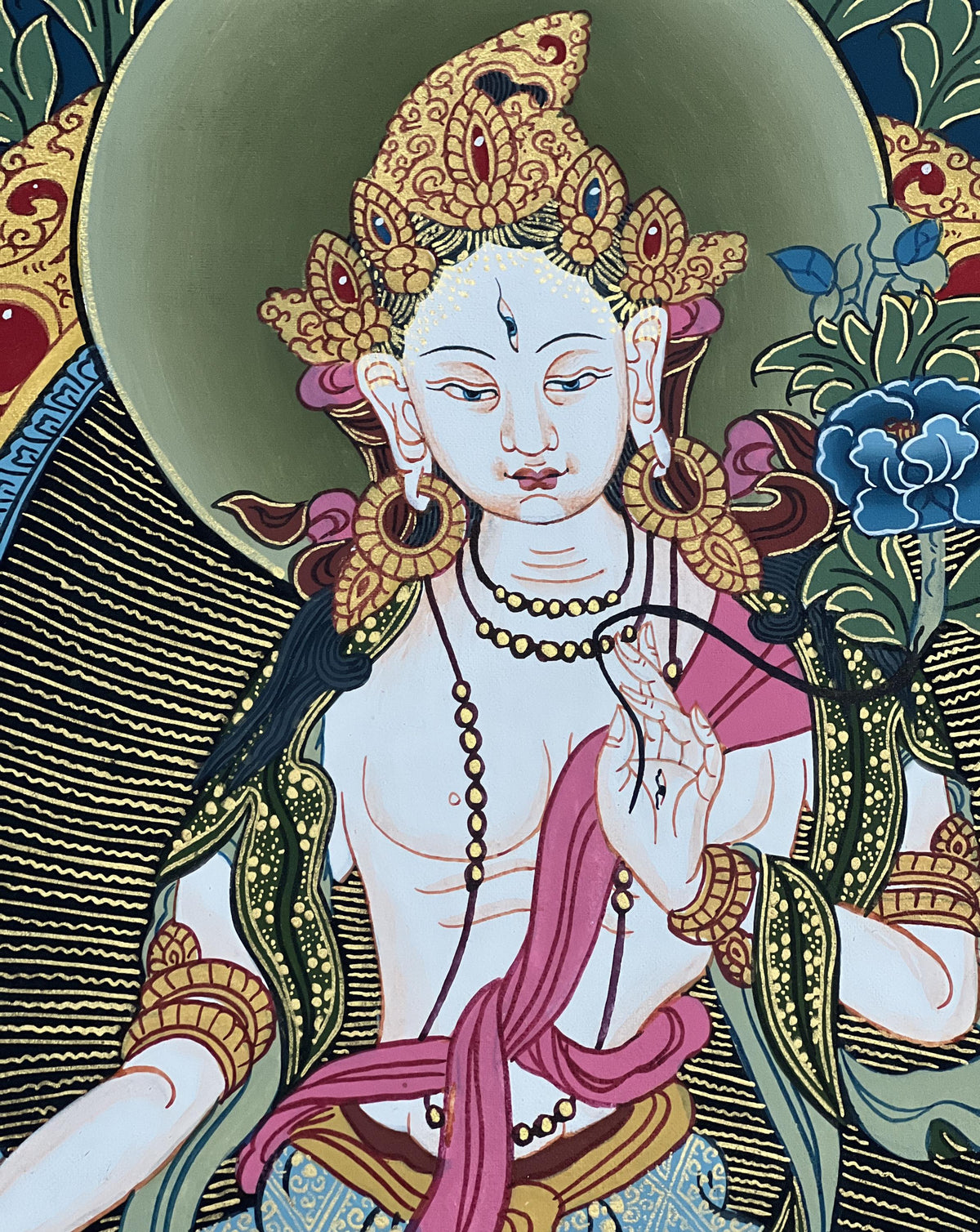 White Tara Thangka Painting with Silk Brocade, Tibetan Meditation Art