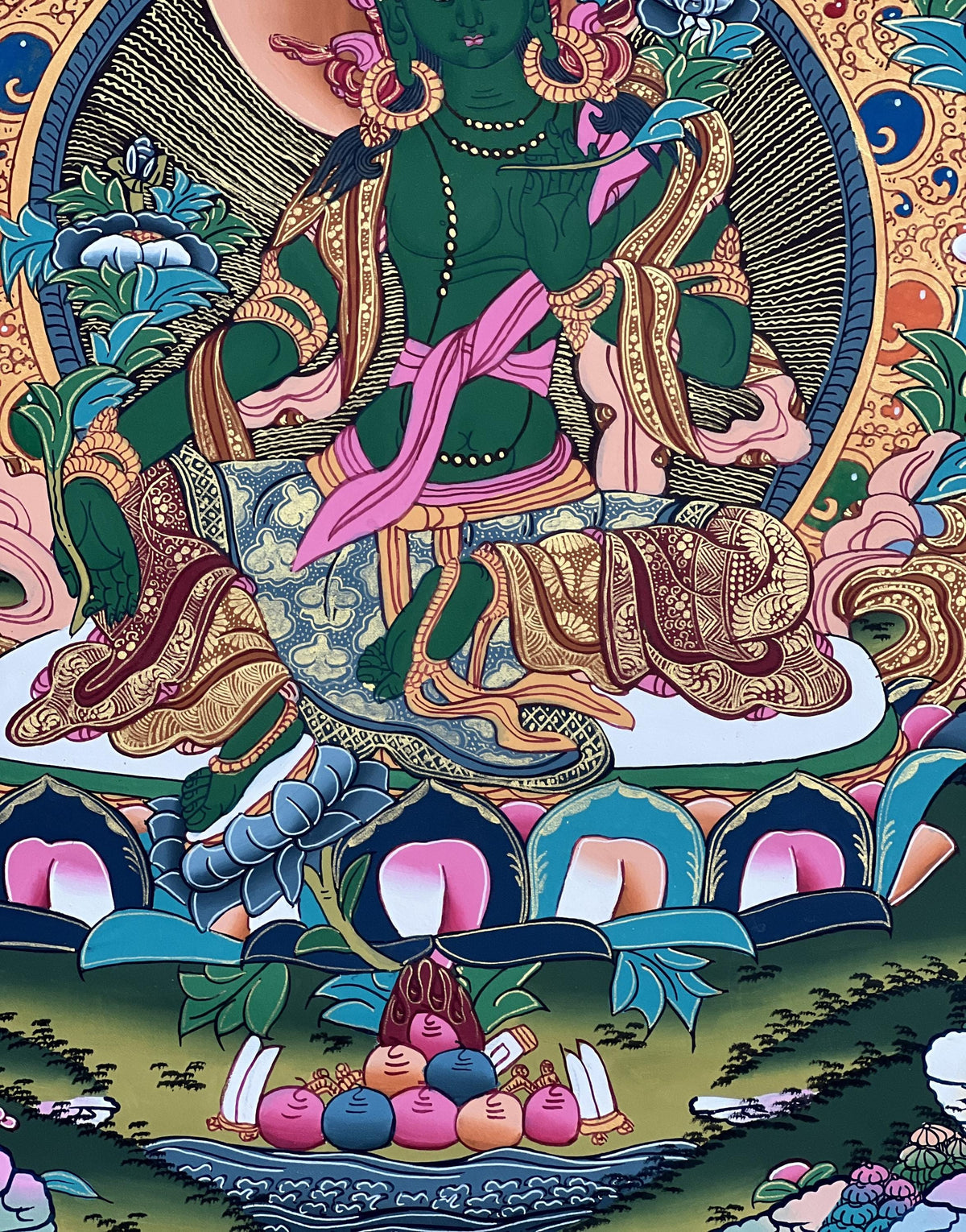Green Tara Thangka Painting: Original Buddhist Art with Silk Brocade