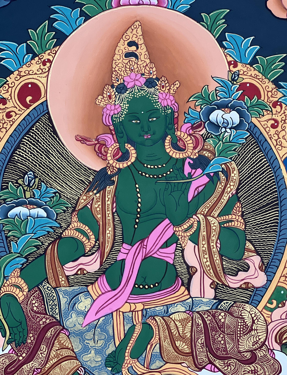 Green Tara Thangka Painting: Original Buddhist Art with Silk Brocade