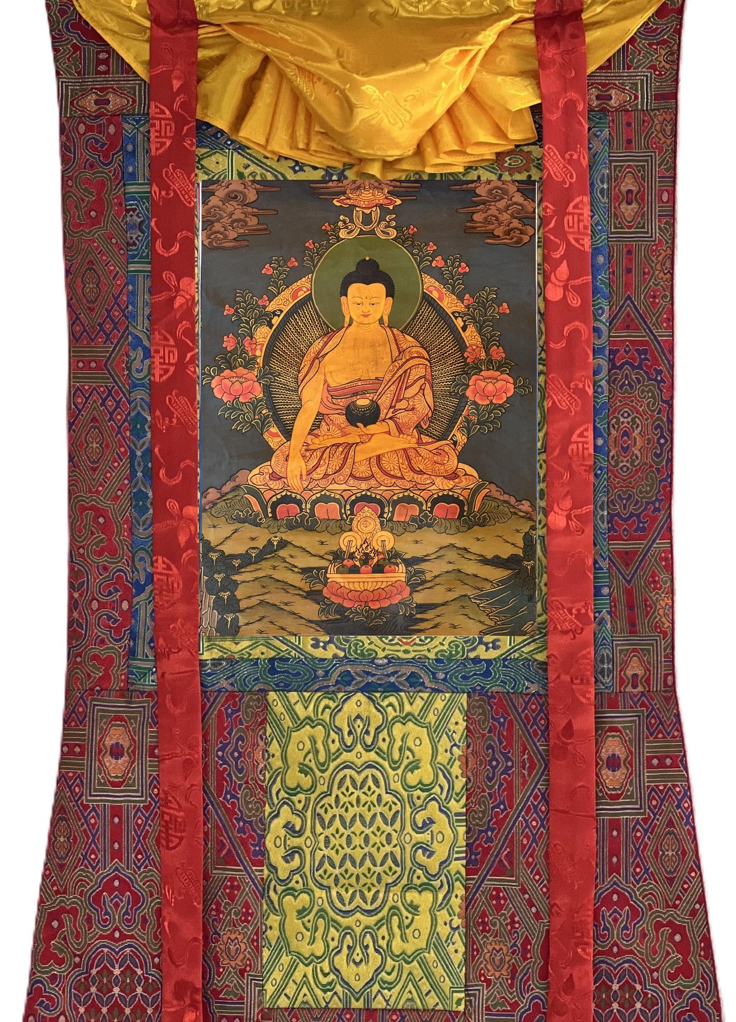 Hand-Painted Shakyamuni Buddha Thangka – Oil Varnished, Silk Brocade
